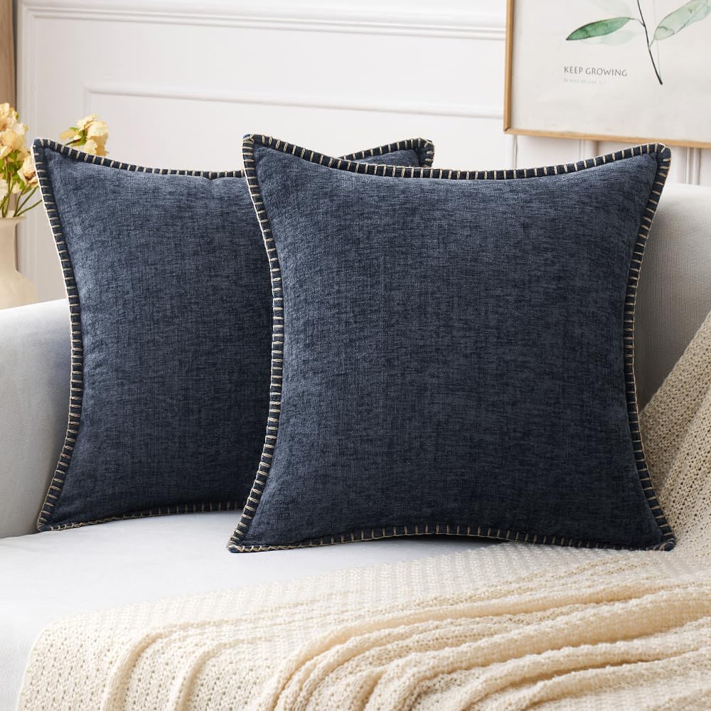 MIULEE Pack of 2 Couch Throw Pillow Covers 20x20 Inch Dark Blue Farmhouse Decorative Pillow Covers with Stitched Edge Soft Chenille Solid Dyed Spring Pillow Covers for Sofa Bed Living Room