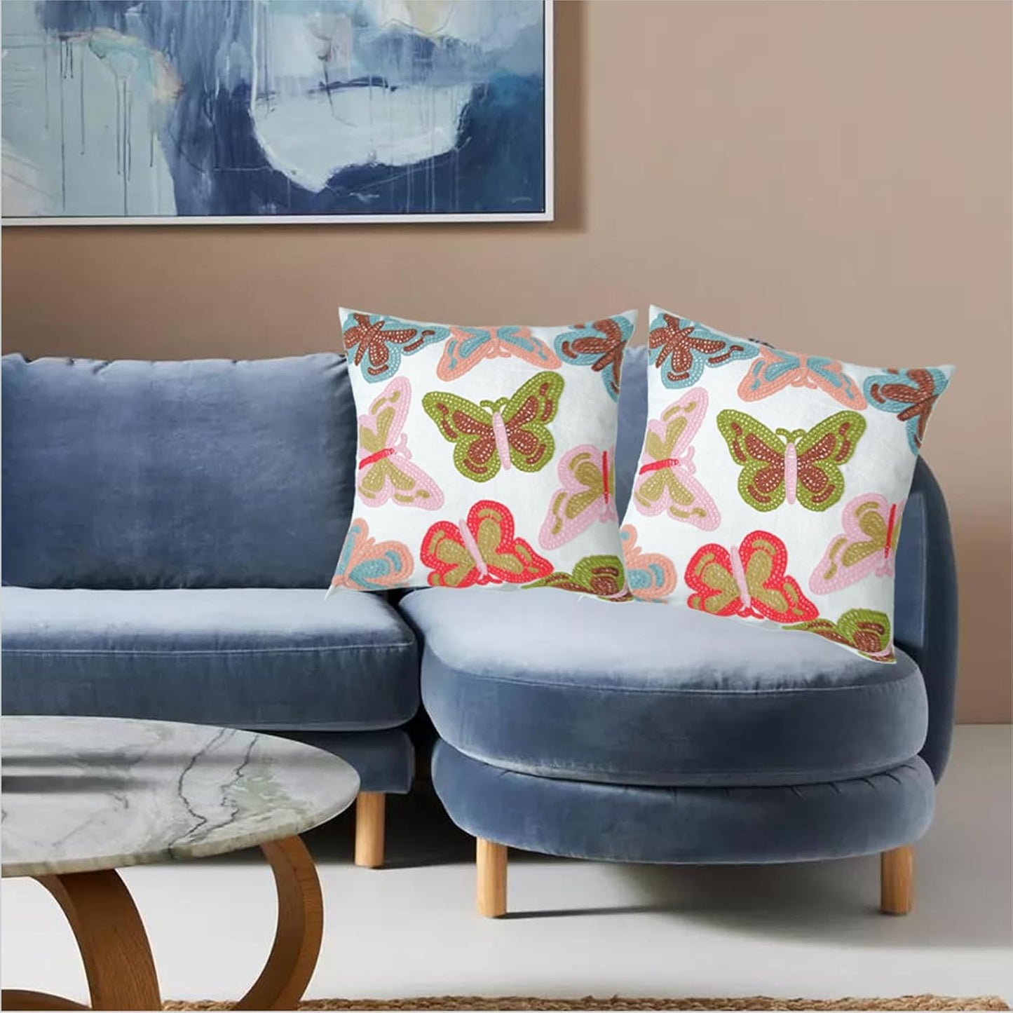 Embroidered Decorative Throw Pillow Cover, 18"x18" Set of 2, Farmhouse Pillowcase Colorful Butterfly Knit Pattern Cotton Canvas Cushion Case Square Floral Pillow Case for Sofa Couch Bed Living Room