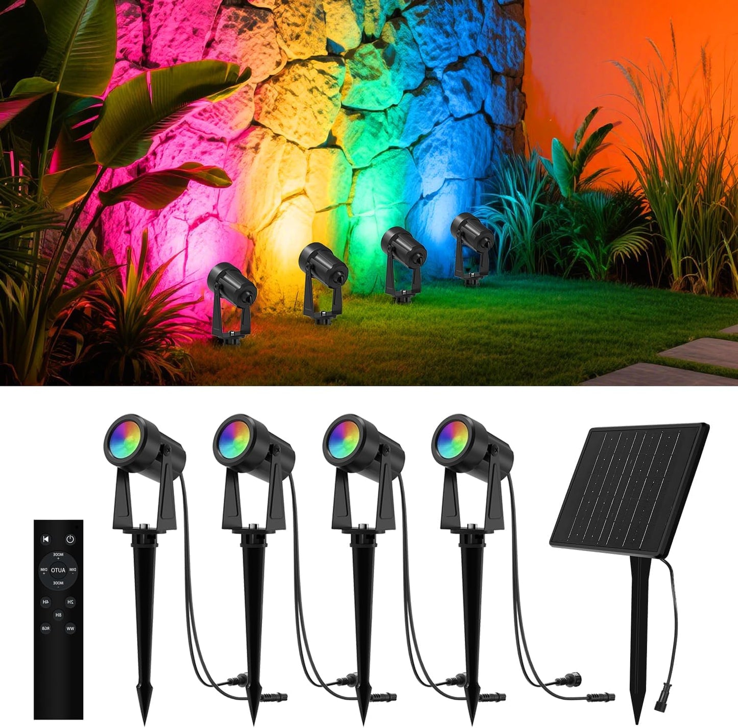 ZYAN Solar Spotlights Outdoor, Solar Landscape Lights with Remote Control, RGBW Colored Spot Lights for Yard, Garden, Lawn, Plant, Tree, Pool Areas, Auto On/Off, Dimmable & Waterproof (4 Pack)
