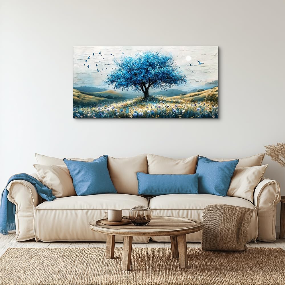 ZUITINGHUA Canvas Wall Art For Living Room Wall Decor For Bedroom Office Wall Decoration The Blue Tree Landscape Painting Farmhouse Pictures Artwork Room Aesthetic Home Decor 20x40 In