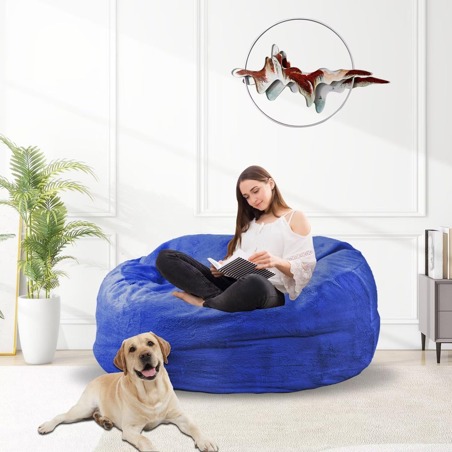 Bean Bag Chair for Adults 3FT,Soft Removable Cover for Teens/Girls Bedroom,Fluffy Giant Round Floor Beanbag Lounger Chairs (No Filler,Sapphire)