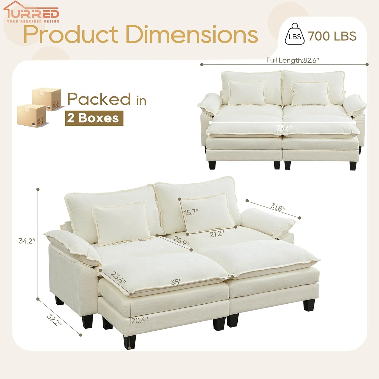 URRED Modular Sectional Sofa Comfy Cloud Couch, Modern Chenille Sofa Sleeper Deep Seat Couches with Ottoman/Pillows for Living Room (White, 82.6''- 2 Ottomans)