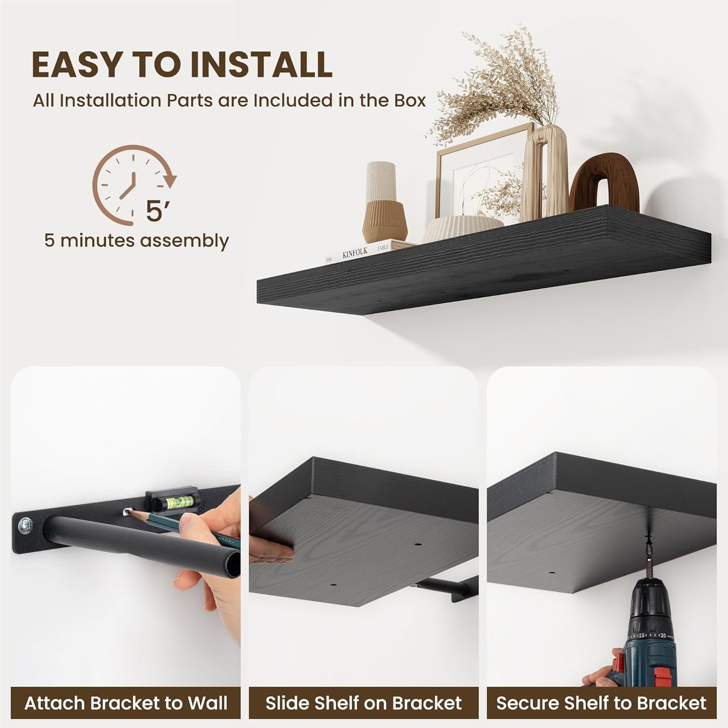 Fun Memories 55 Inch Fireplace Mentel Shelf, 10 Inch Deep Shelves for Display & Wall Storage, Rustic Wood Wall Shelf, Extra Long Floating Shelves for Living Room Laundry Room, Black, Set of 1