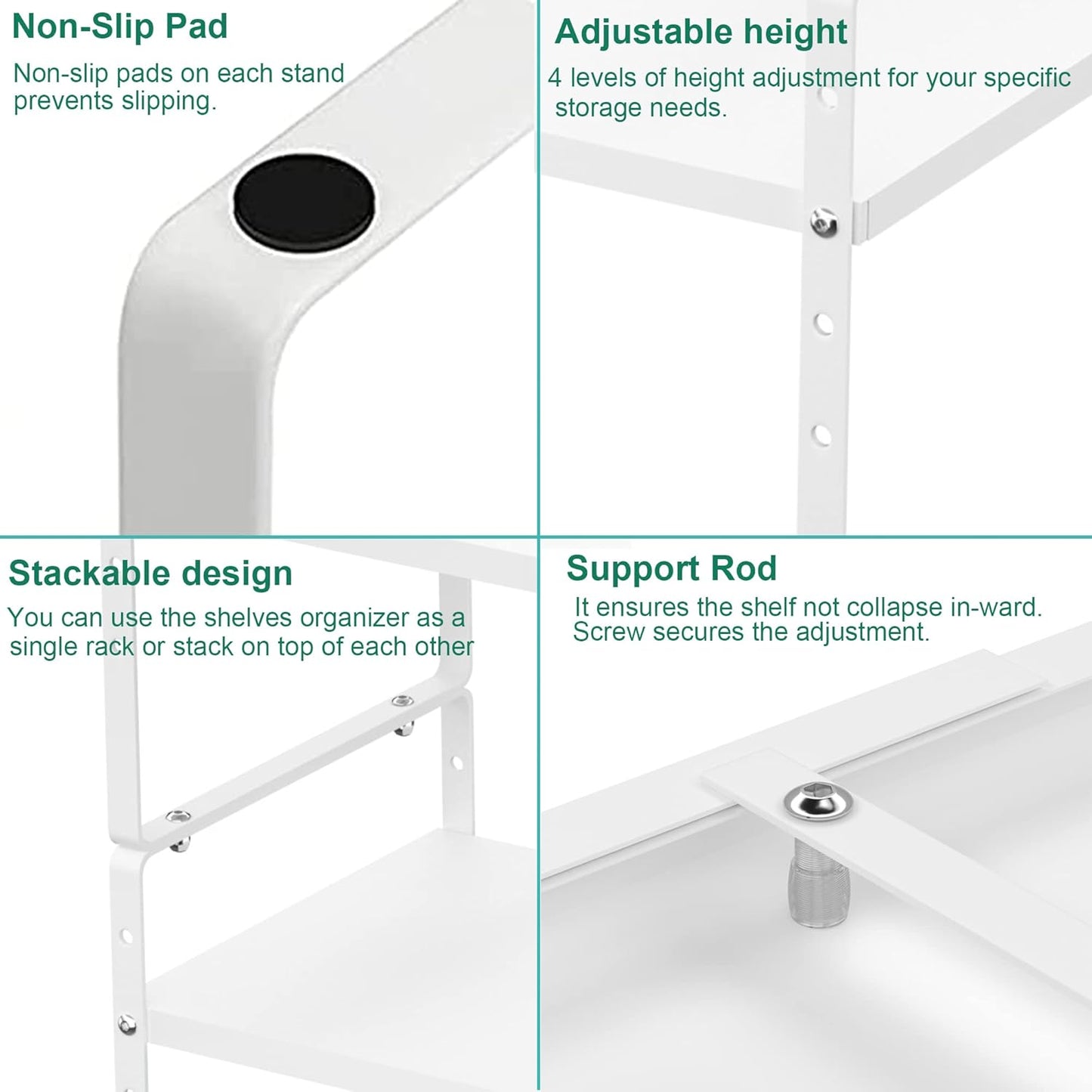 iPEGTOP Expandable Cabinet Storage Shelf Organizer Rack, Heavy Duty Cupboard Stand Spice Rack Adjustable Height Garage Pantry Shelf Space Riser for Counter Kitchen Organization, White, 2 Pack