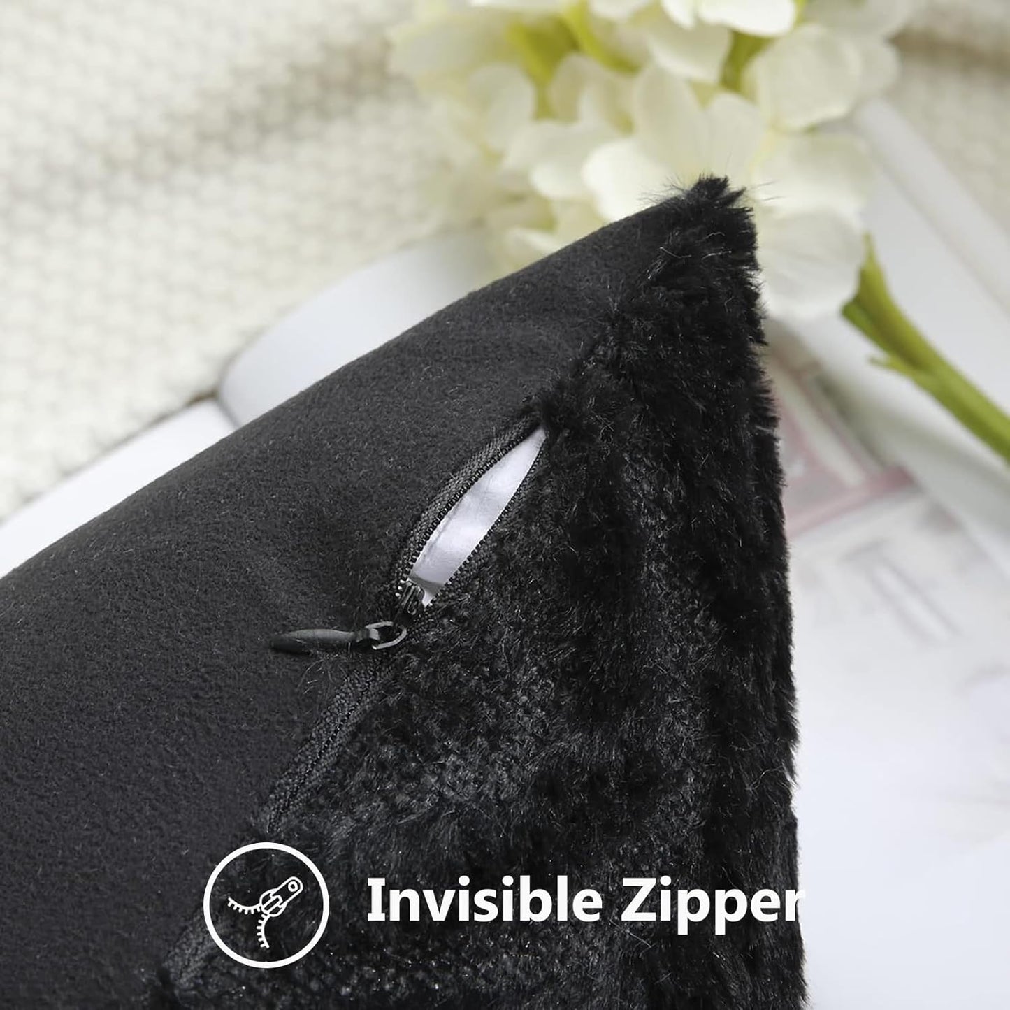 decorUhome Fall Throw Pillow Covers 26x26 Inch Set of 2, Soft Plush Decorative Faux Fur Black Solid Couch Pillow Covers, Accent Farmhouse Neutral Square Euro Pillow Cases for Sofa Bed Living Room