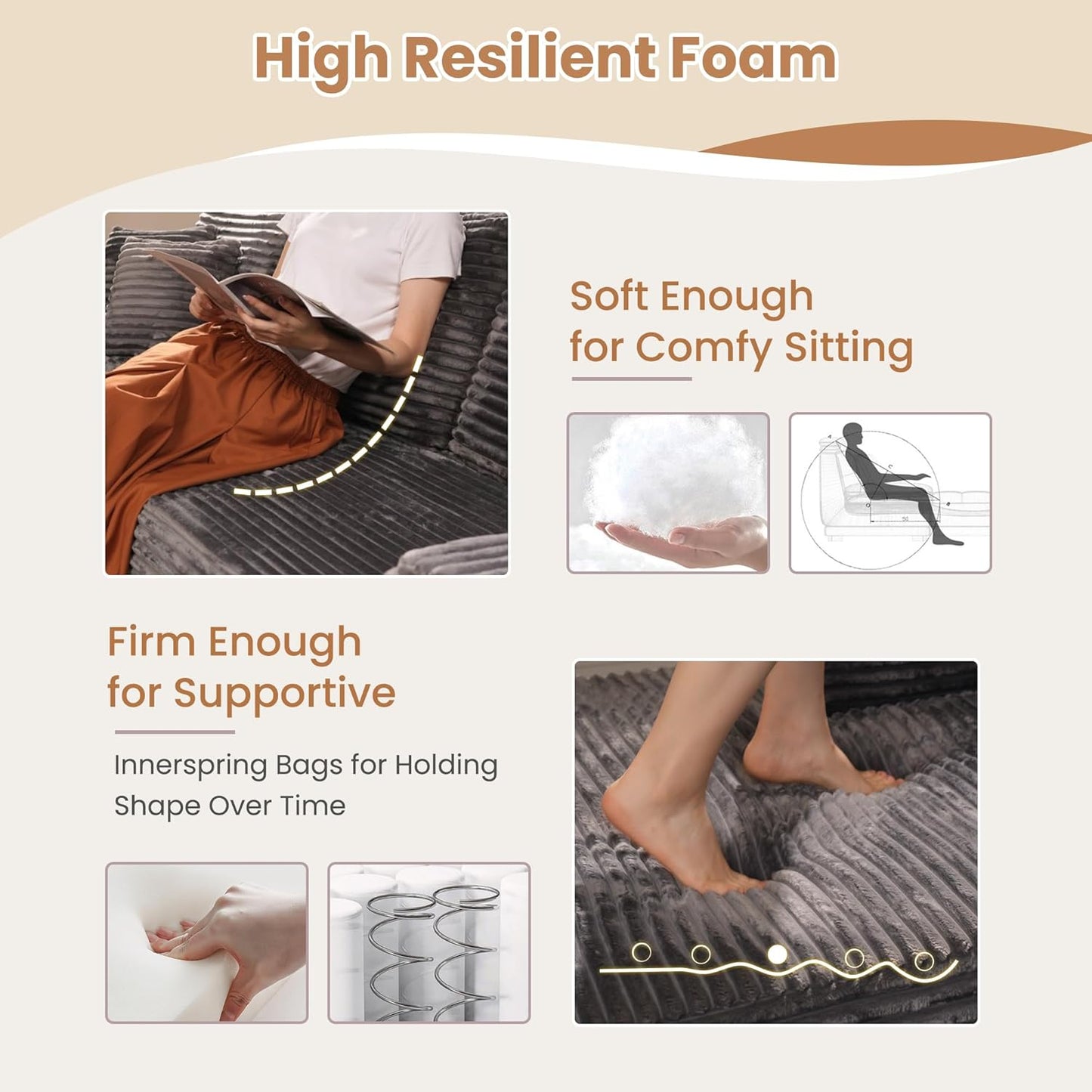 HOOOWOOO Cloud Sectional Couches for Living Room,Modular Sectional Sofa No Assembly,133X108 Inch Plush Corduroy Large U Shaped Floor Couch Set with Deep Seat Left Chaise(Gray)