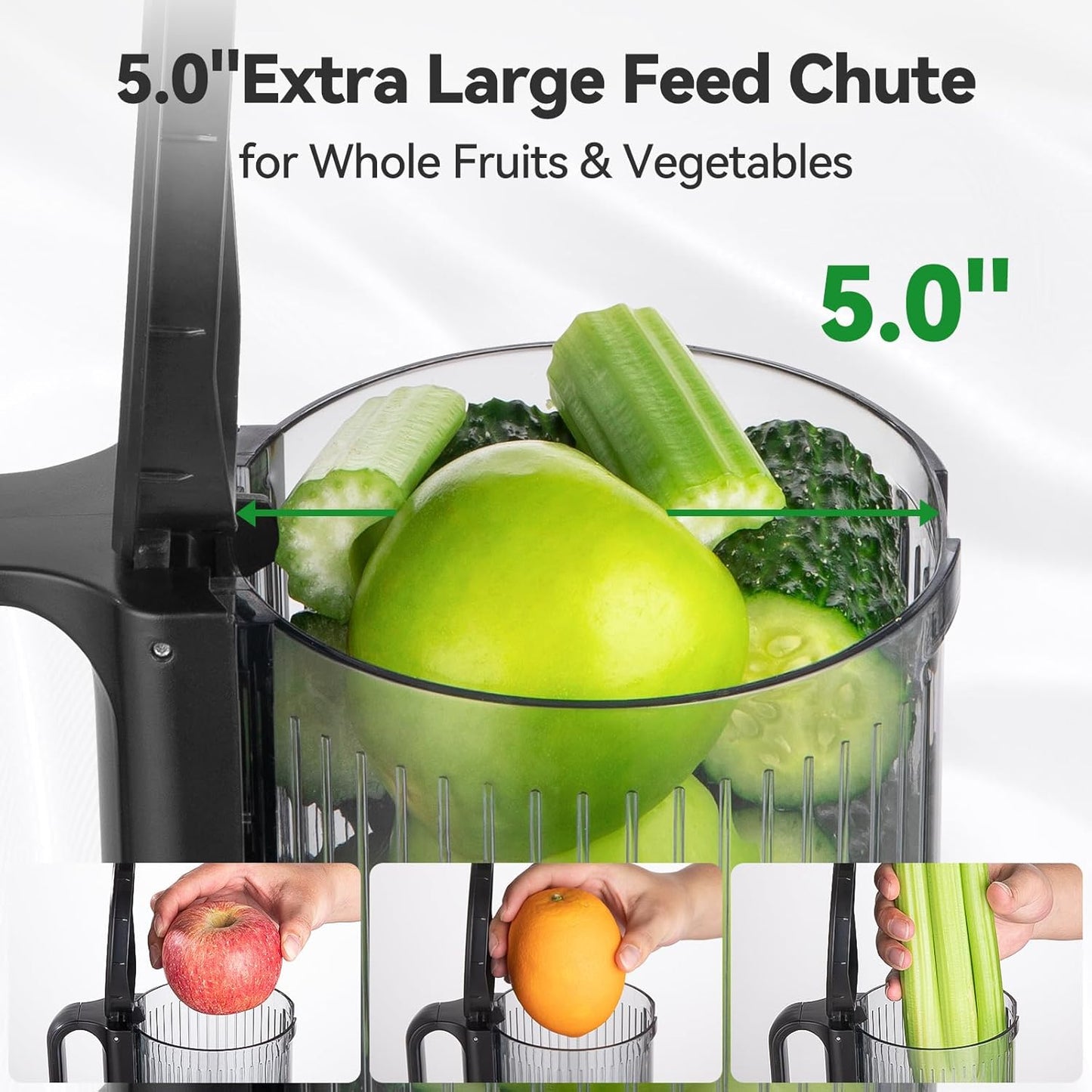 Juicer Machines, Cold Press Juicer with 5.0” Large Feed Chute Fit Whole Fruits & Vegetables, Stainless Steel Masticating Juicer With Pulp Seperation, 99% Juice Purity, 200W Quiet Motor, Easy to Clean