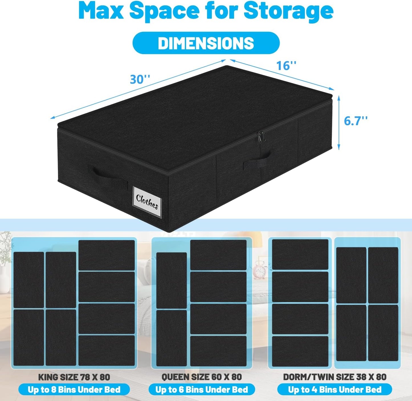 Under Bed Storage Container Bin 3 Pack, Low Profile Foldable Underbed Clothes Storage Organizer W/ Ultra Thick Fabric and Sturdy Bottom/Sides, Dual Zipper Storage Box for Dorm and Home 30x16x6.7"