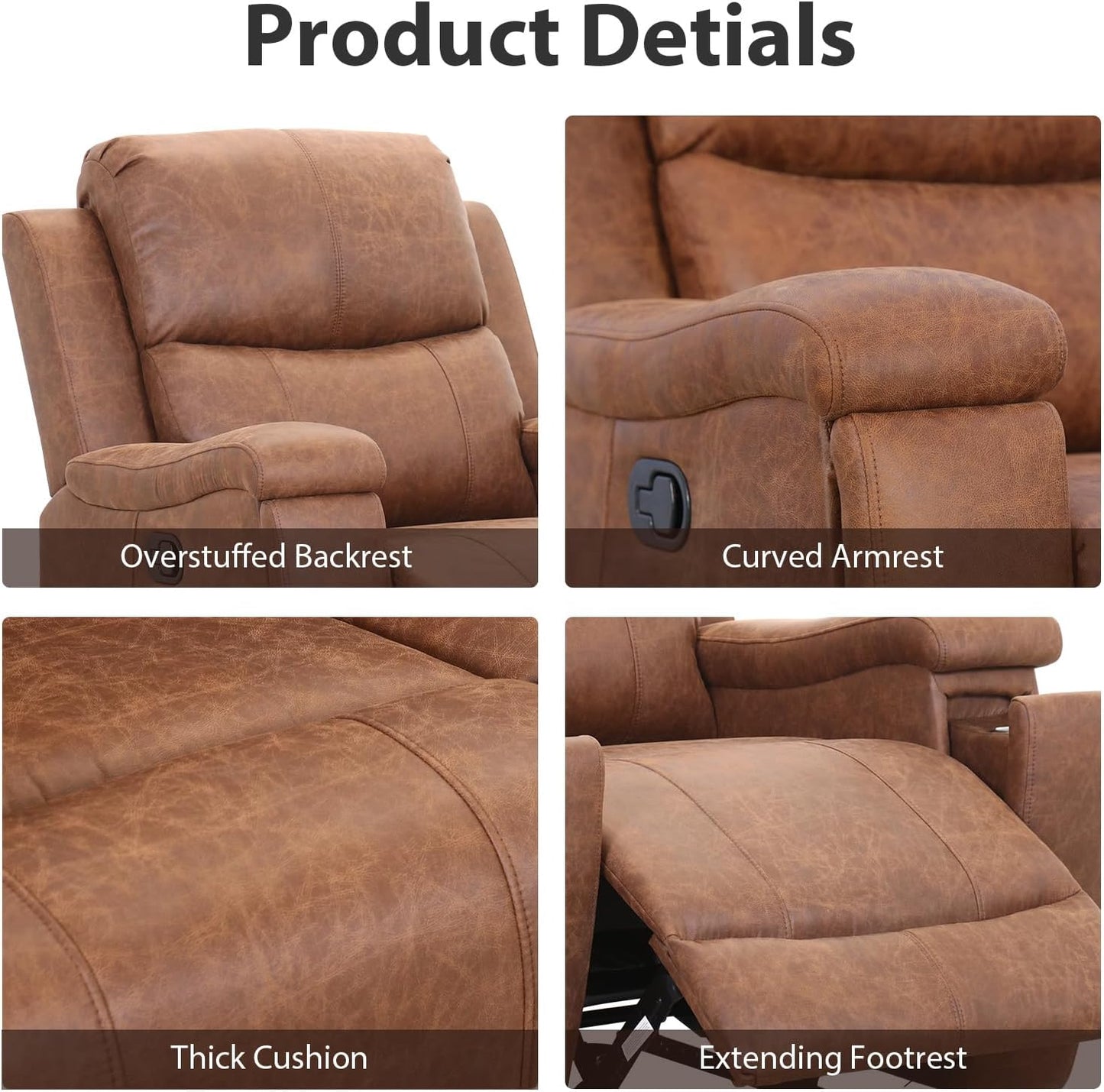 Brown Recliner Chair, Single Overstuffed Sofa Recliners, Breathable Faux Leather Manual Reclining Chairs with Hidden Cup Holder, Arm and Back for Adults, Living Room, Bedroom, Brown