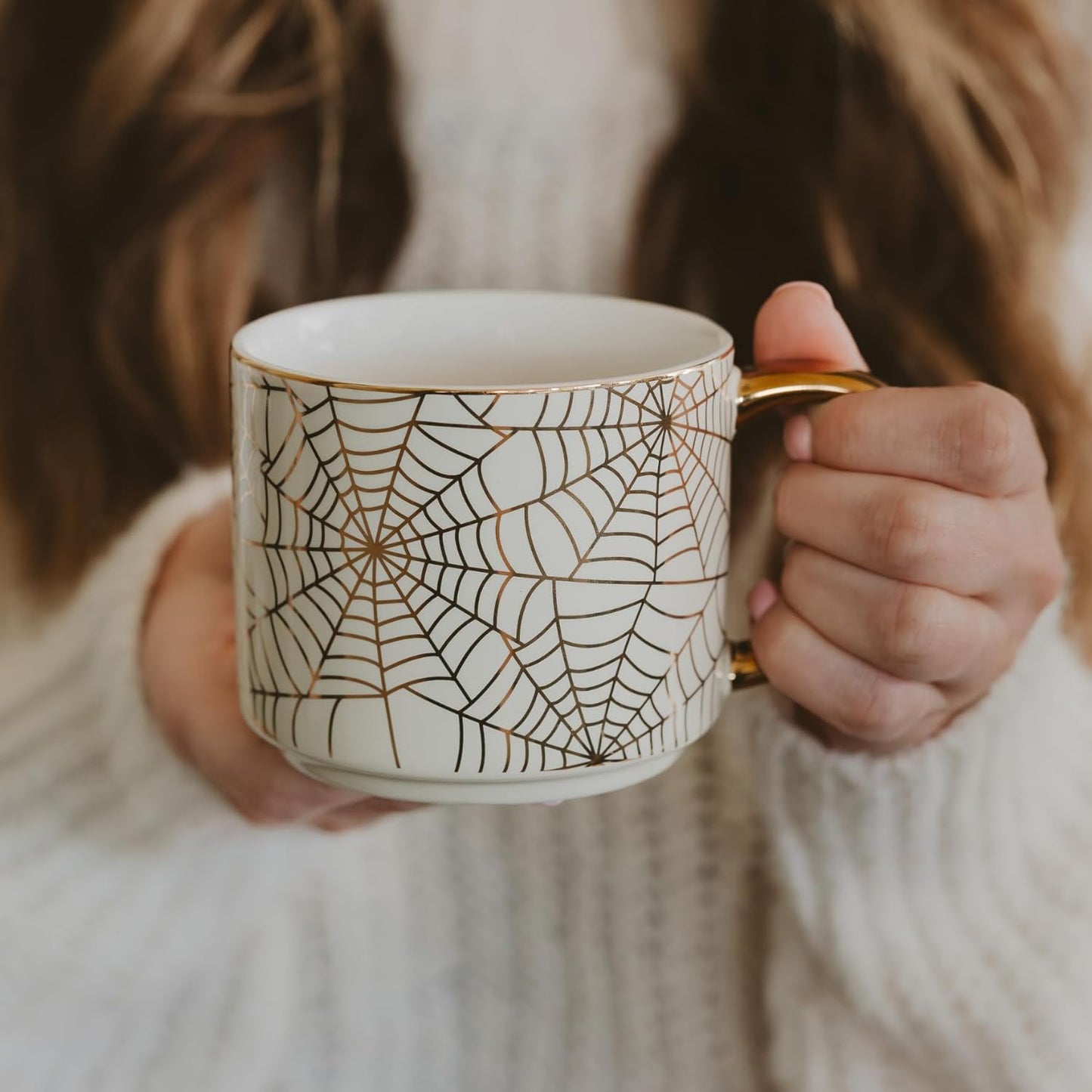 Sweet Water Decor Gold Spiderwebs Mug, 14oz Fine Bone China Coffee Cup with Gold Handle, Cute Halloween Decorations for Home, Spider Web Mug Fall Seasonal Decor, Spooky Season Gifts for Women