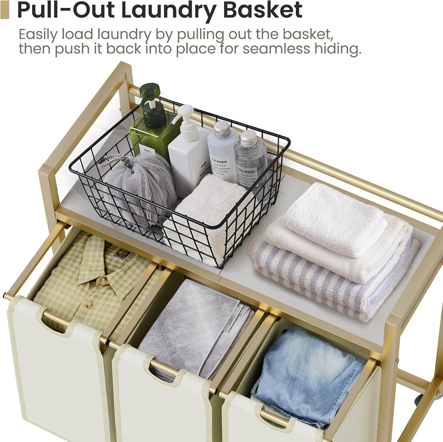 Laundry Hamper, Laundry Basket, Laundry Sorter with 3 Removable Bags, Clothes Basket with 3 Compartments, Wheels, Shelf for Laundry Room Bathroom Bedroom (3 Bags-Golden)