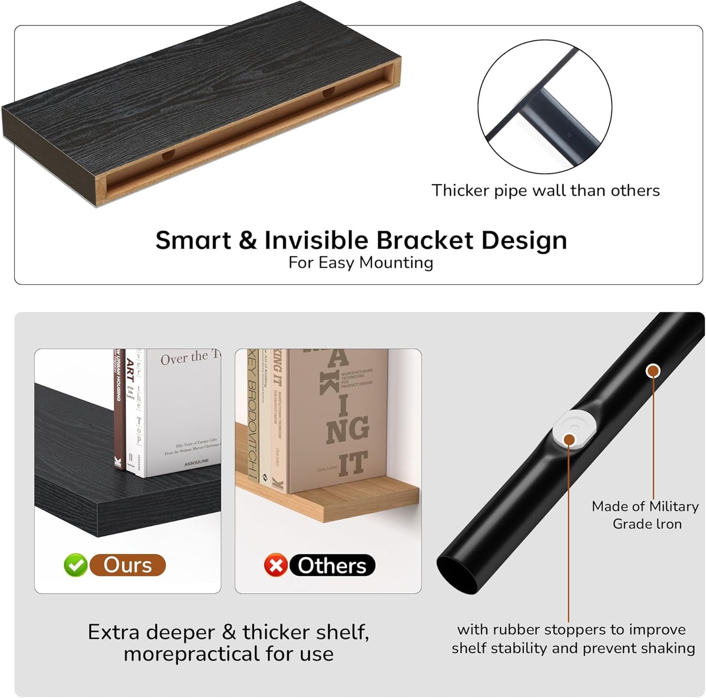 Fun Memories Floating Shelves - 16 Inch Rustic Black Wall Shelf - Wall Mounted Shelves for Wall Decor Storage - Wooden Shelves with Invisible Brackets for Living Room, Bedroom, Kitchen, 2 Pack