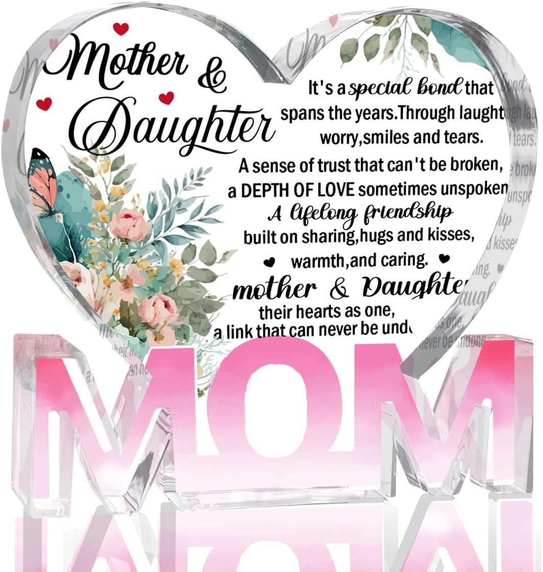 Mothers Day Gifts Best Mom Gifts -Gifts for Mom from Daughter Son - Best Mom Ever Gifts Unique Mother Birthday Acrylic Heart-Shaped Plaque Desk Decorations Present for Mom Christmas Anniversary