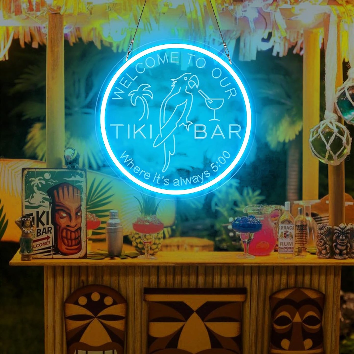 Tiki Bar Neon Sign for Bar Wall Decor, Timing Dimmable LED Neon Bar Lights, 3D Engraving Tiki Parrot Summer Light Up Signs for Home Pub Man Cave Club Restaurant Bistro Party, 12x12 Inch