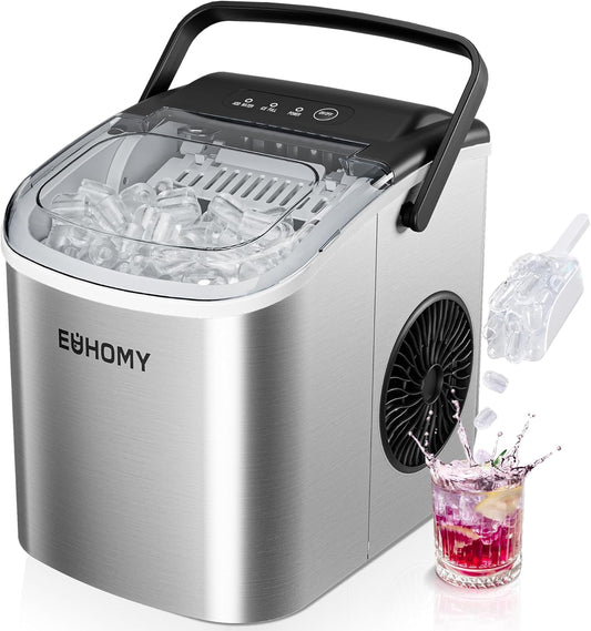 EUHOMY Countertop Ice Maker Machine with Handle, 26lbs Per Day, 9 Ice Cubes Ready in 6 Mins, Auto-Cleaning Portable Ice Maker with Basket and Scoop, for Home/Kitchen/Camping/RV (Silver)