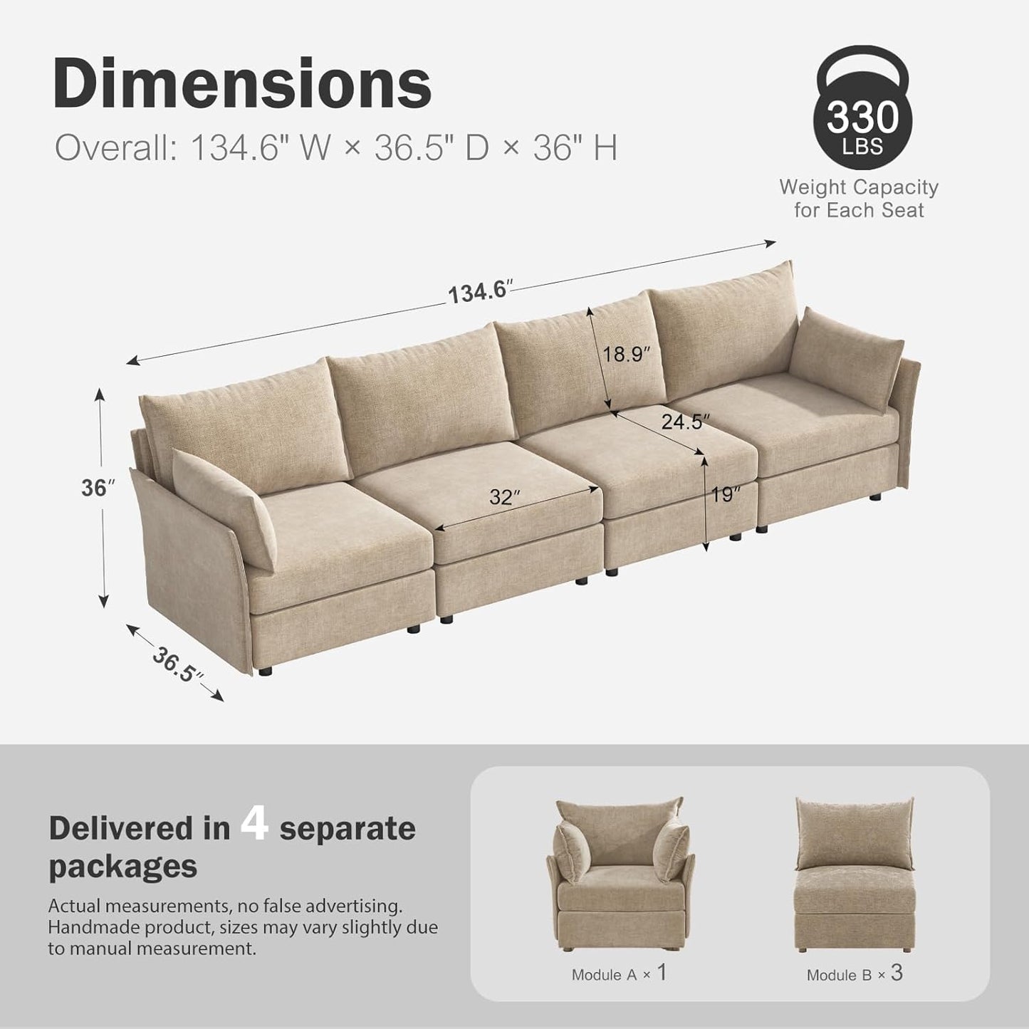 134.6" Modular Sectional Sofa, Oversized 4 Seater Couch with Removable Beige Chenille Fabric Cover, Deep Seat & High Backrest for Living Room, Office & Apartment