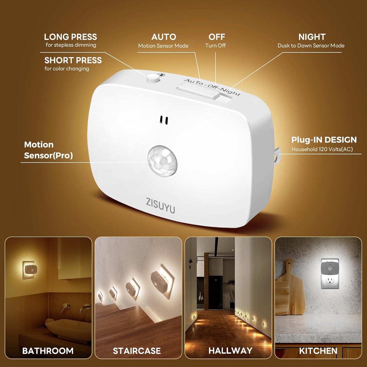 ZISUYU Plug-in LED Backlit Night Light with Motion Sensor & Dusk to Dawn Sensor, 10-60lm Dimmable Nightlight with Multi-Mode & Color-Changing, Ideal for Bedroom, Bathroom, Stairs, Hallway (6 Pack)