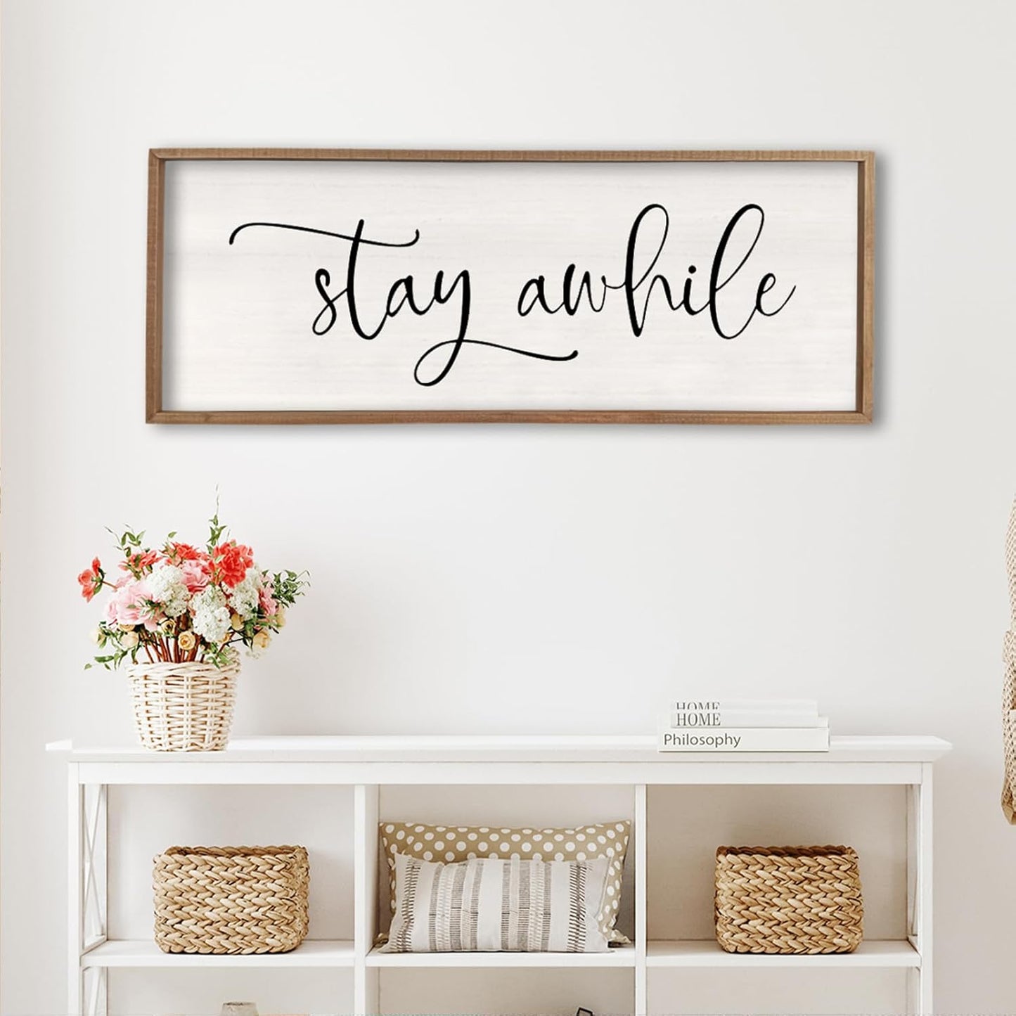 Stay Awhile Sign Wall Decor 32"X12" Large Living Room Entryway Wood Framed Rustic Wall Decor for Vintage Farmhouse Foyer Hanging Lets Stay Home Wall Art (Wood)