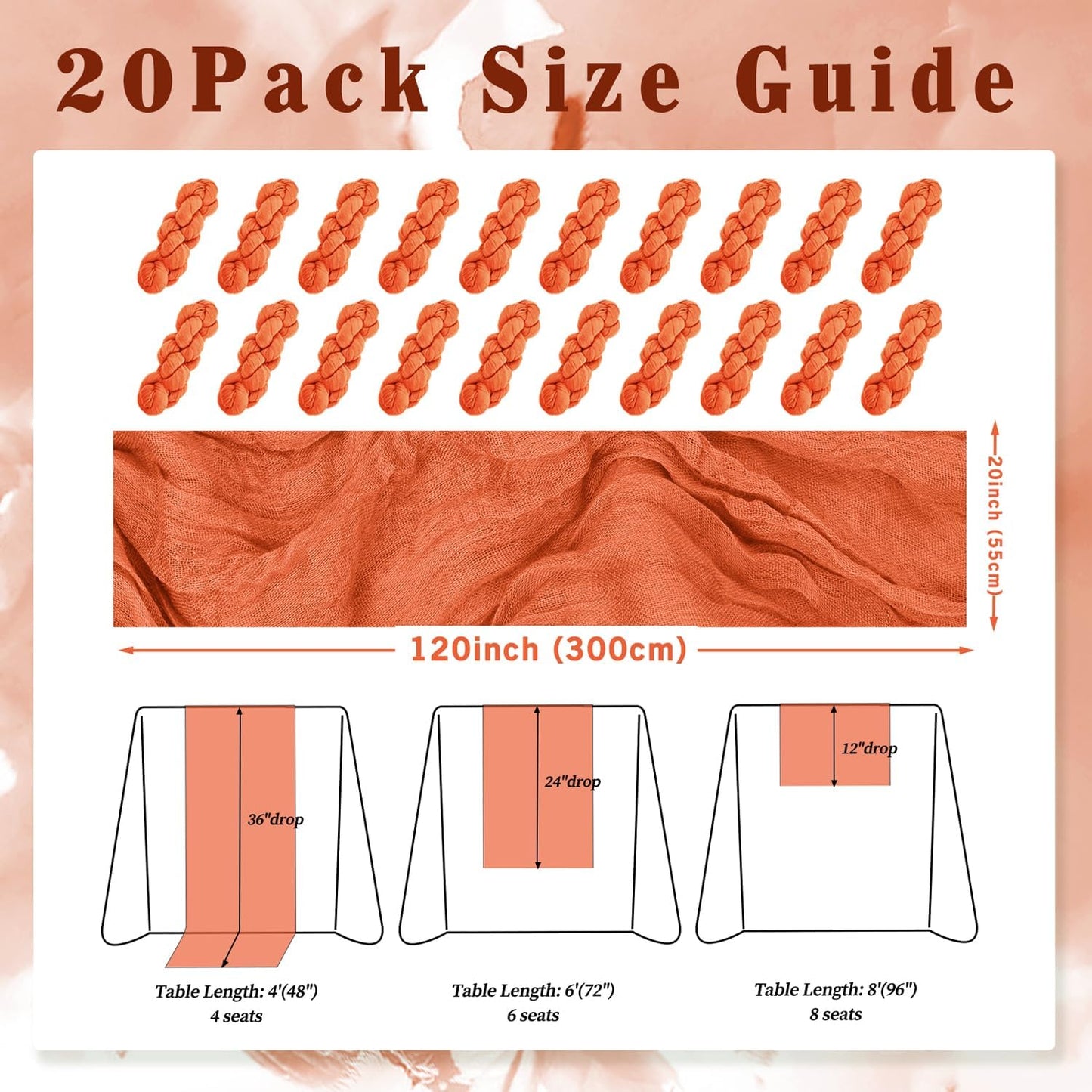 Orange Cheesecloth Table Runner 20 Pack 10FT Boho Fabric Rustic Cheese Cloth Table Runner for Wedding 20 x 120 Inch Long Bridal Shower Baby Shower Gauze Sheer Birthday Party Table Decorations