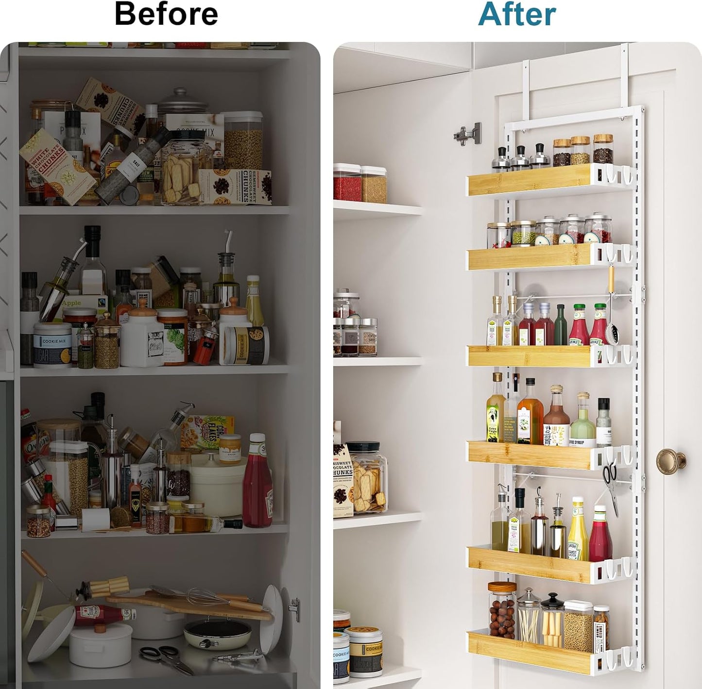 bukfen Over the Door Pantry Organizer 6-Tier Adjustable Basket Kitchen Pantry Door Organization and Storage, 2 in 1 Wall Mount or Hanging Heavy-Duty Metal Hanging Kitchen Spice Rack,White Bamboo Color