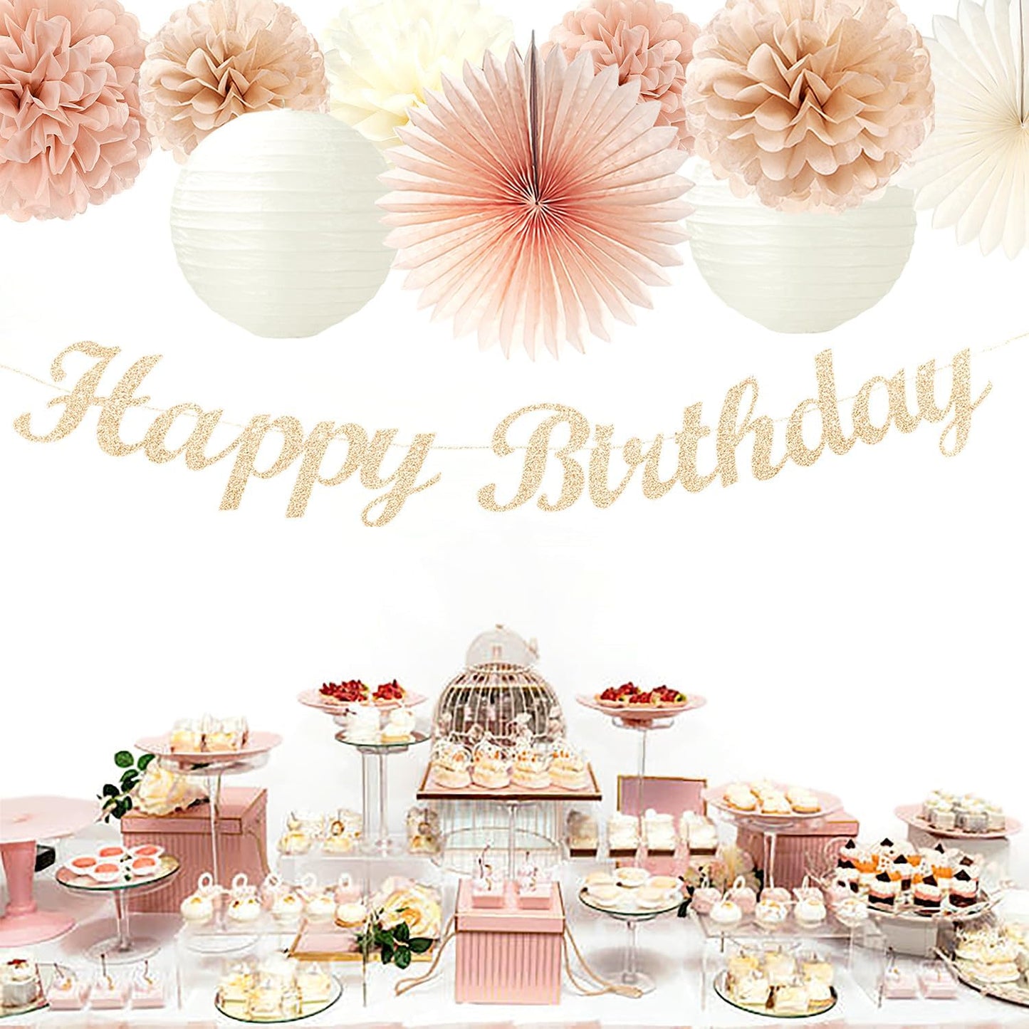 Champagne Rose-Gold Beige Birthday Party-Decorations - 14pcs Happy Banner Boho Lanterns Tissue Pom Poms,Rustic Streamers Garland Fans,Neutral One Sweet Peach Girls Women Hanging Supplies Decor Hugfond