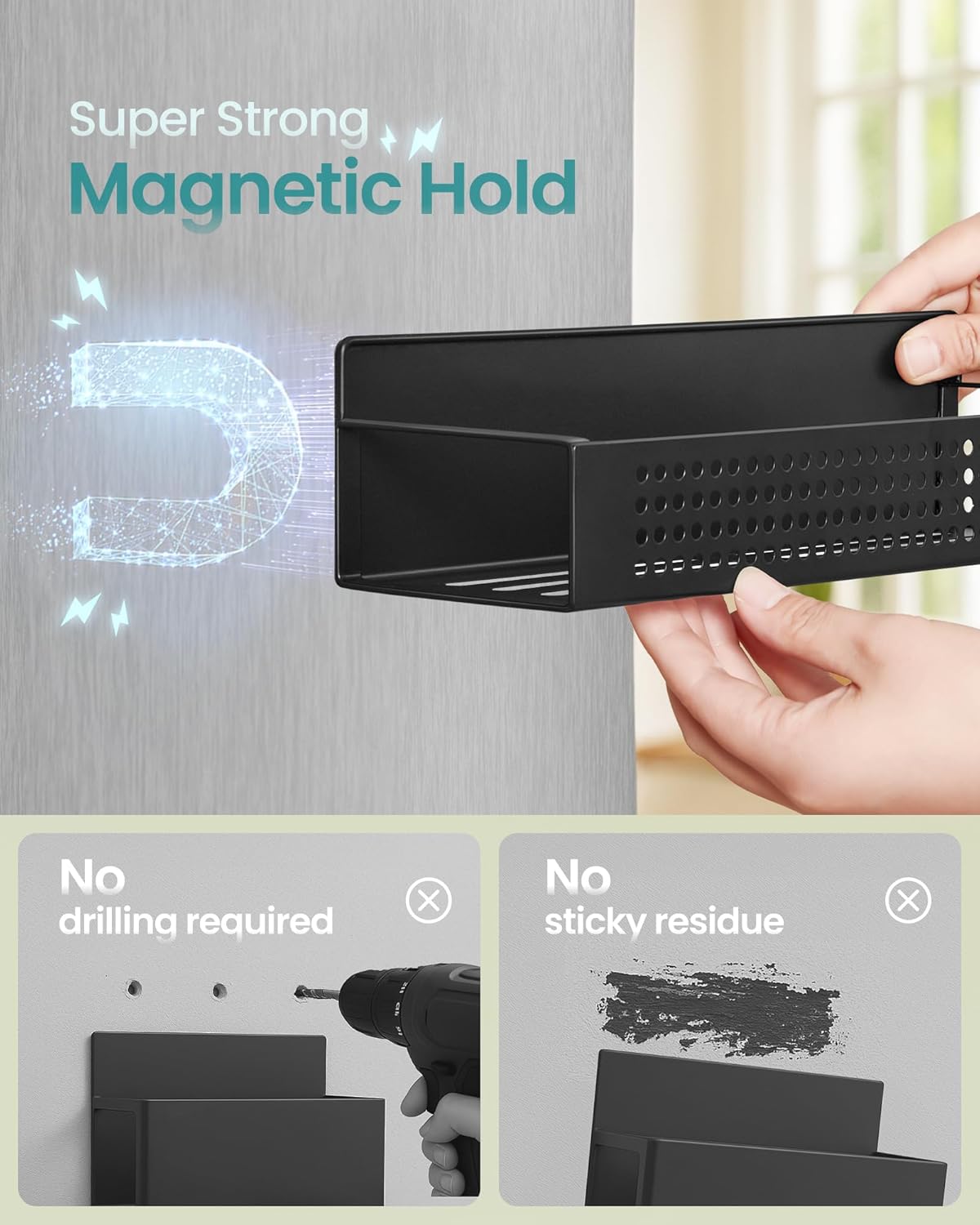 SONGMICS Magnetic Spice Rack for Refrigerator, Set of 4, 2 Large and 2 Small Kichen Magnetic Shelves for Microwave, Washing Machine, Spice Organizers, No Drilling Needed, Ink Black UKCS061B01