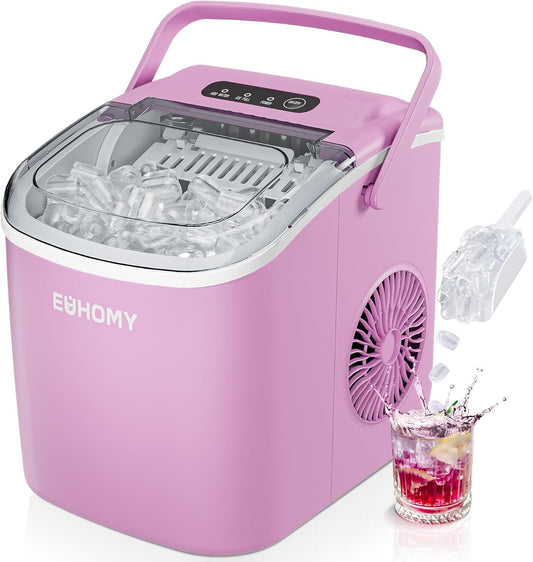 EUHOMY Countertop Ice Maker Machine with Handle, 26lbs in 24Hrs, 9 Ice Cubes Ready in 6 Mins, Auto-Cleaning Portable Ice Maker with Basket and Scoop, for Home/Kitchen/Camping/RV. (Pink)