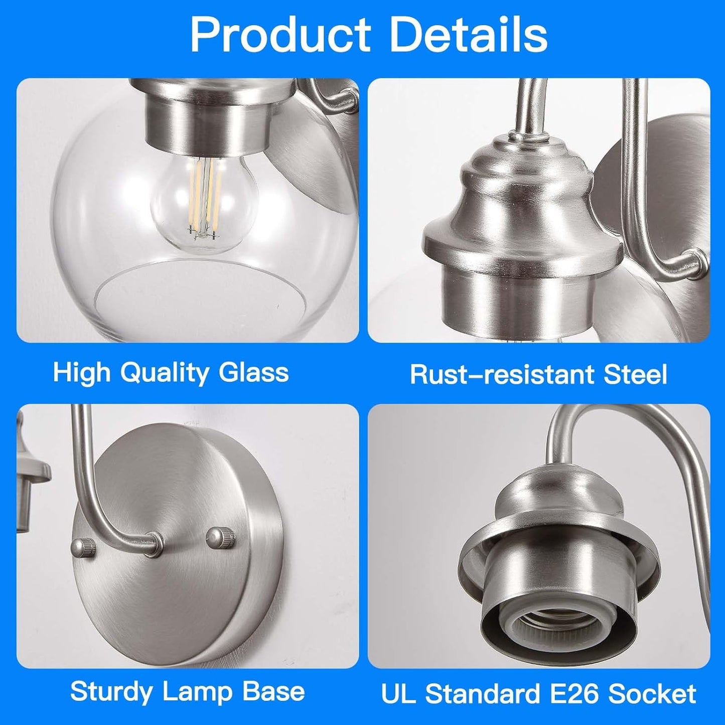 Farmhouse Gooseneck Wall Sconces Set of Two, Bathroom Brushed Nickel Vanity Light, Modern Indoor Wall Light Fixtures with Clear Glass for Bathroom Beside Mirror Living Room Hallway(Brushed Nickel)