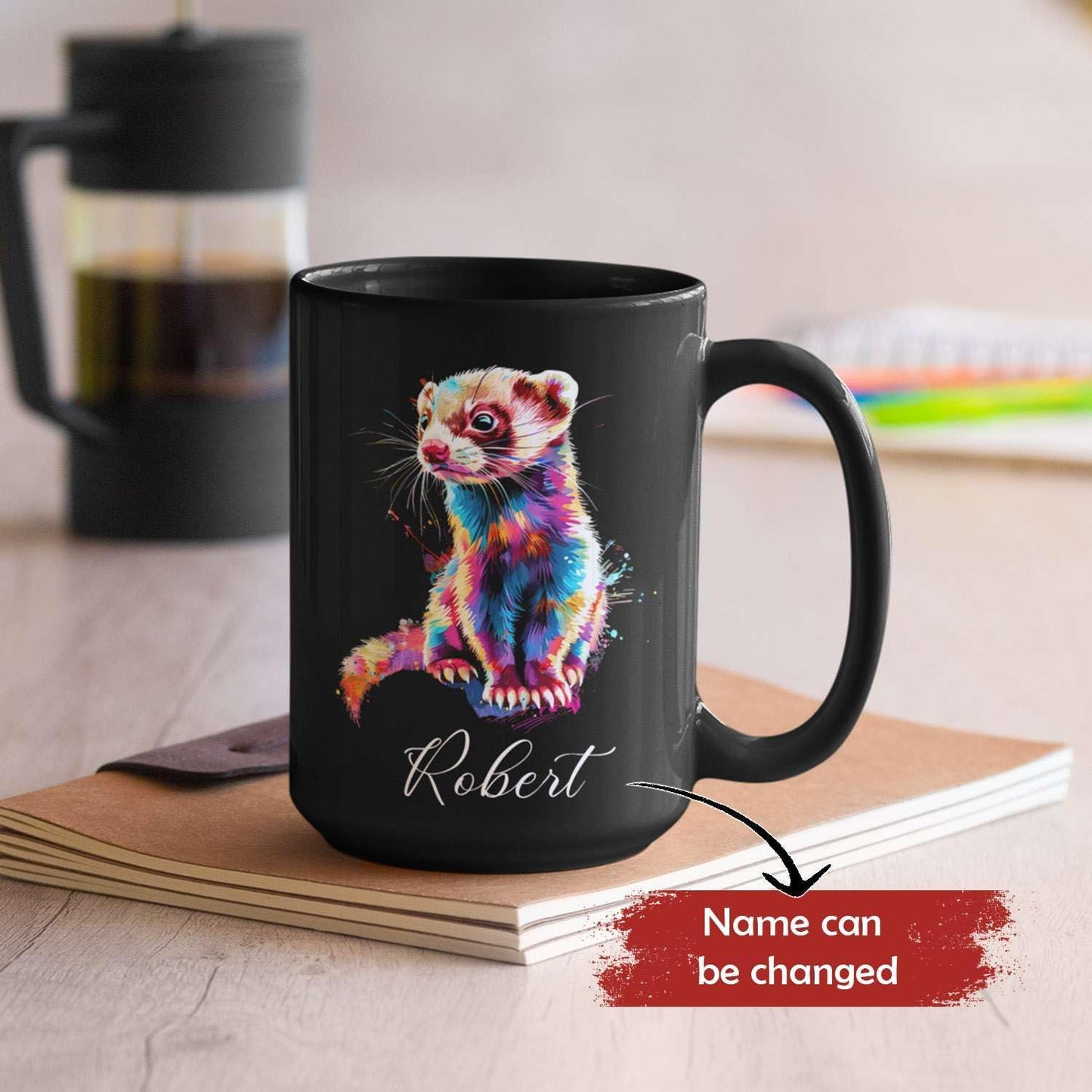 Custom Choose Name Ferret Coffee Mug, Colorful Animal Ceramic Cup, Gift For Ferret Lovers, Personalized 11oz & 15oz Mugs