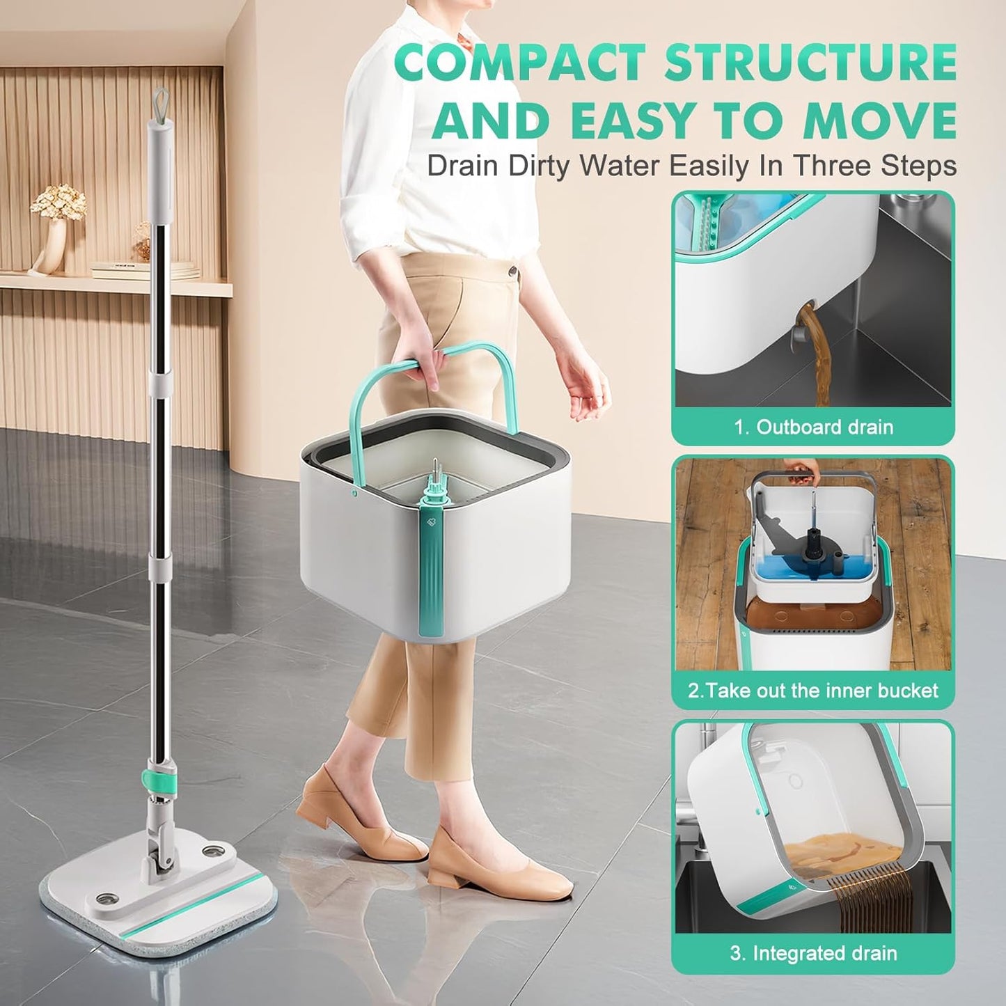 Upgraded Spin Mop and Bucket Set Self-Standing Mop Bucket Separate Dirty and Clean Water System Self Wringing 360° Rotating 90° Foldabl Mops and Buckets for Floor Cleaning (Blue, 2Pads)