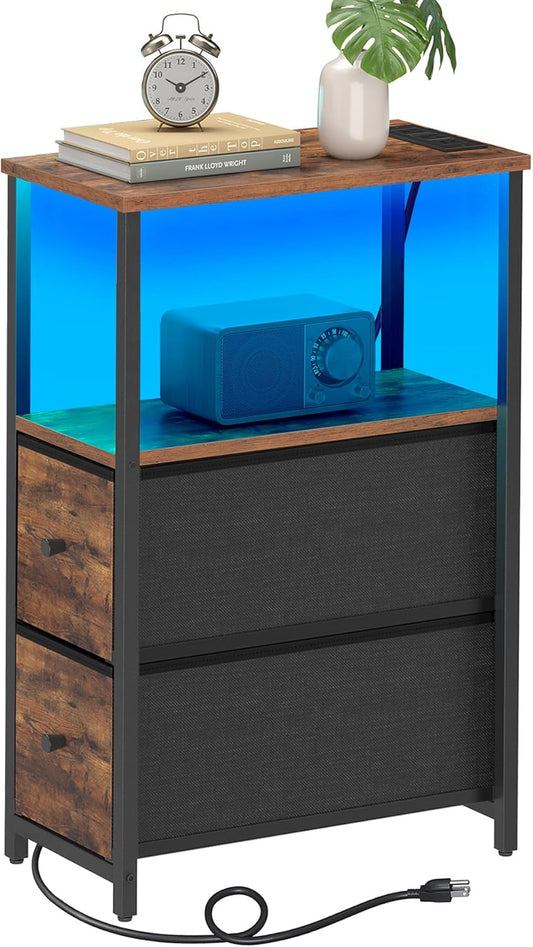TUTOTAK Small Narrow LED End Table with Charging Station, Side Table Outlets, Nightstand with 2 Cloth Drawers, Couch Table, for Living Room, Bedroom, Bedside, Brown TB01BB085L