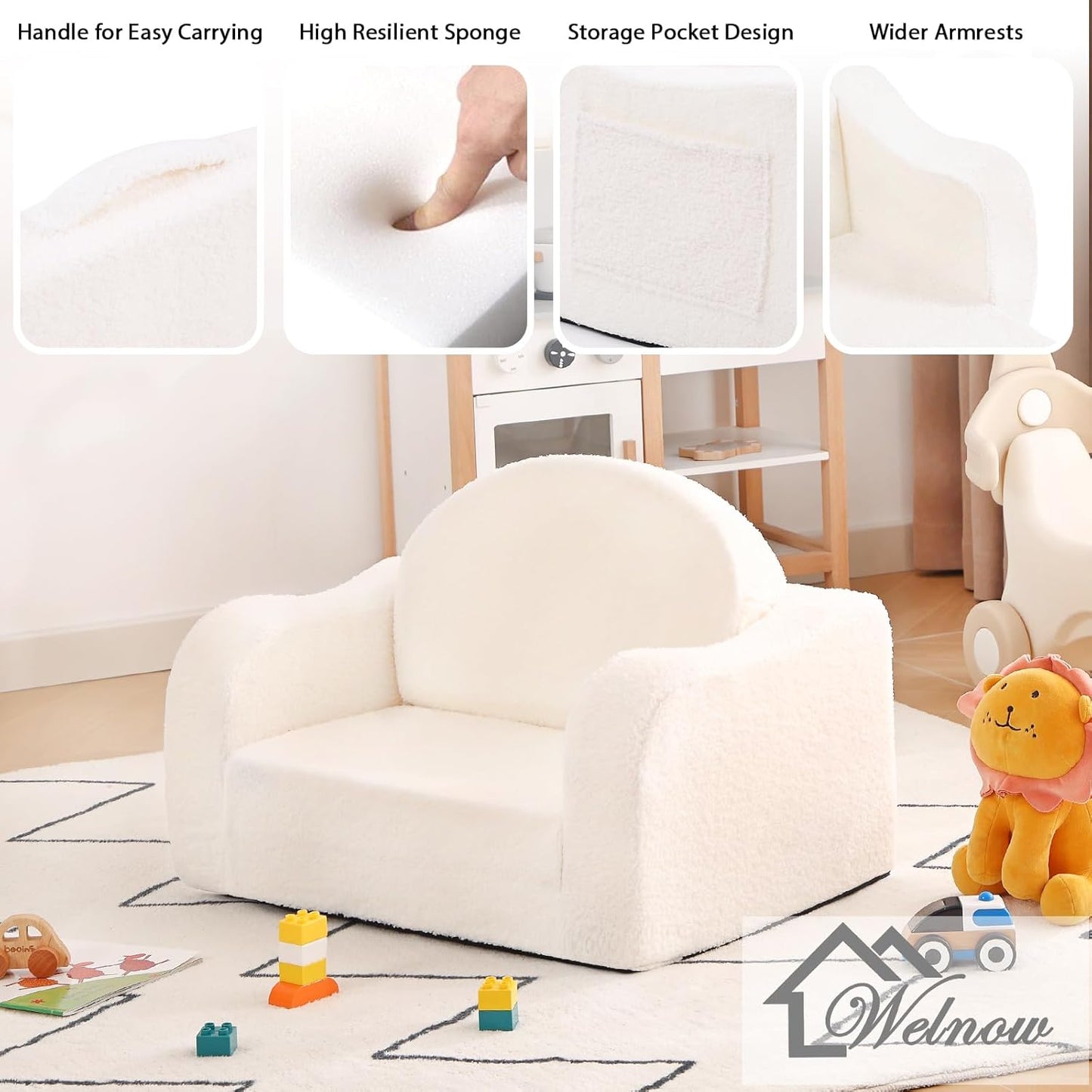 Welnow 2-in-1 Kids Sofa Chair, Convertible Toddler Chair Flip Out Children Sofa Chair with Wave Armrests Folding Kids Play Sofa with Side Pockets & Removable Cover Armchair for Girl or Boy