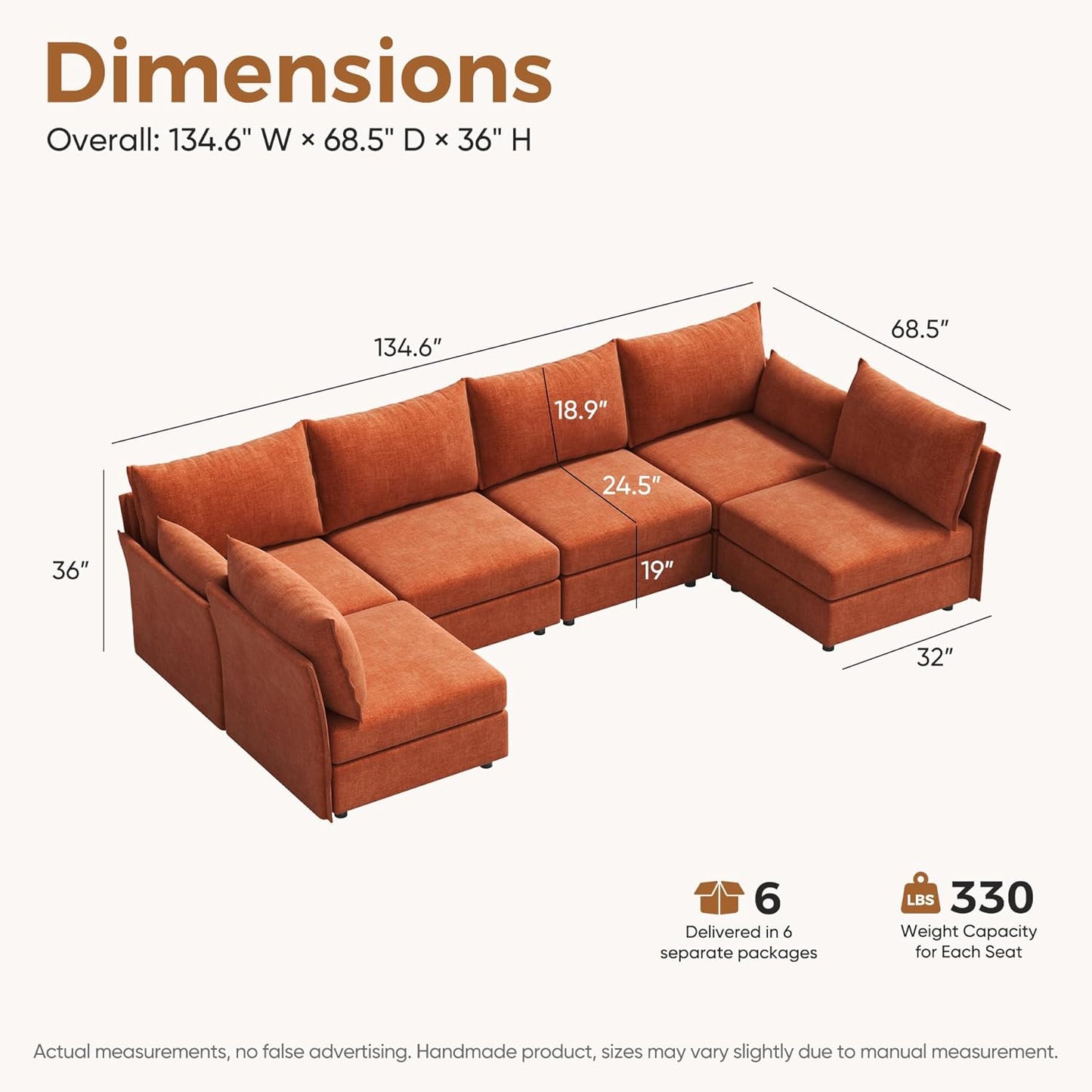 134.6" Oversized Modular Sectional Sofa, Large 6 Seater U Shaped Couch Deep Seat for Living Room, Apartment - Chenille Terracotta