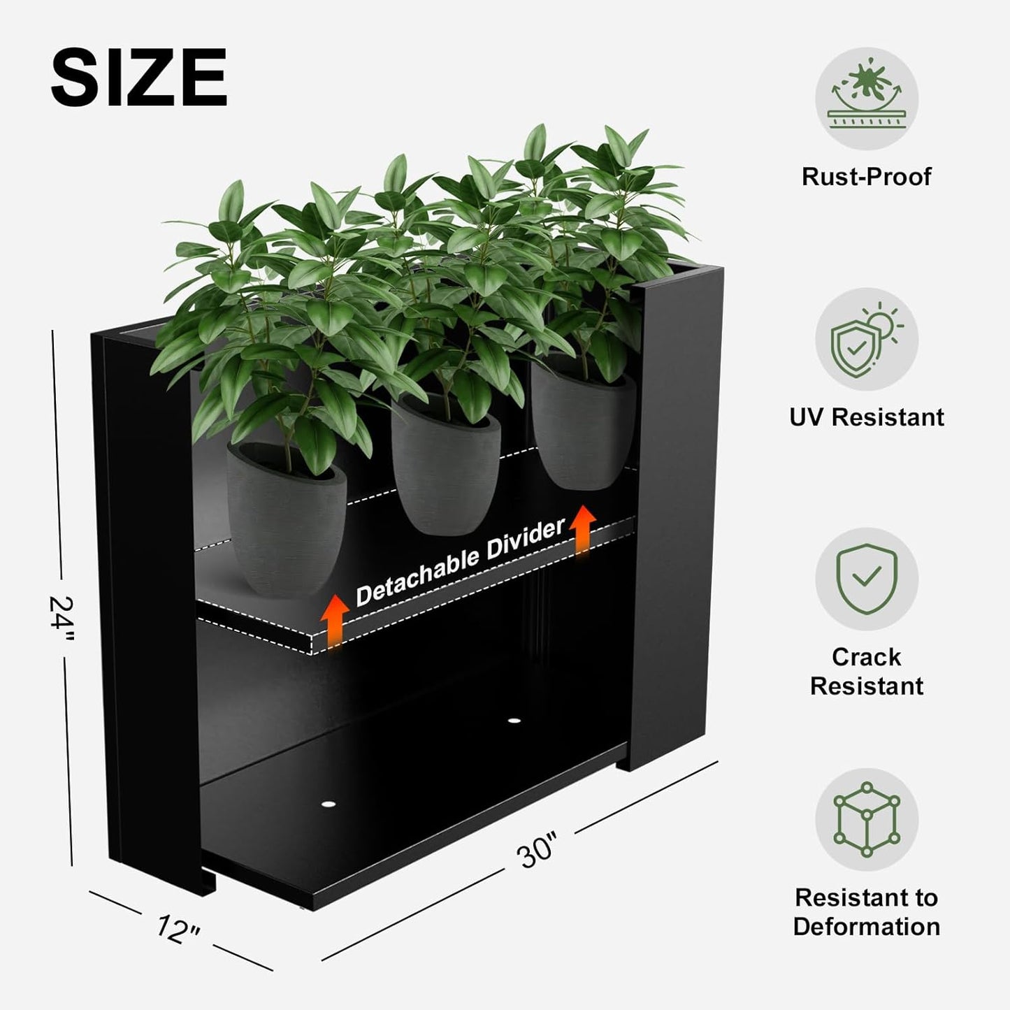 Metal Planter Box, Outdoor Heavy Duty Metal Garden Planter Spliced Flower Pot with Partitions, All-Weather Use with Drainage Holes for Patio/Porch-30 x 24" x 12"