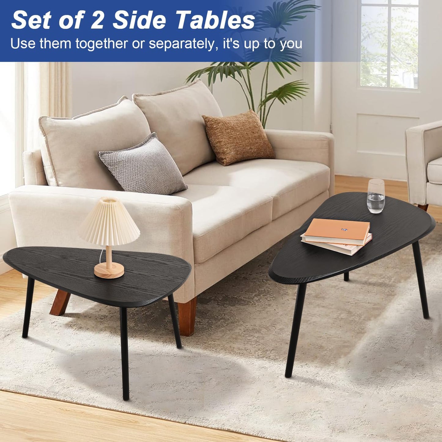 Black Nesting Coffee Tables Set of 2 End Bamboo Table for Living Room Bedroom Apartment Modern Industrial Simple Nightstand 32" D x 20" W x 18.5" H