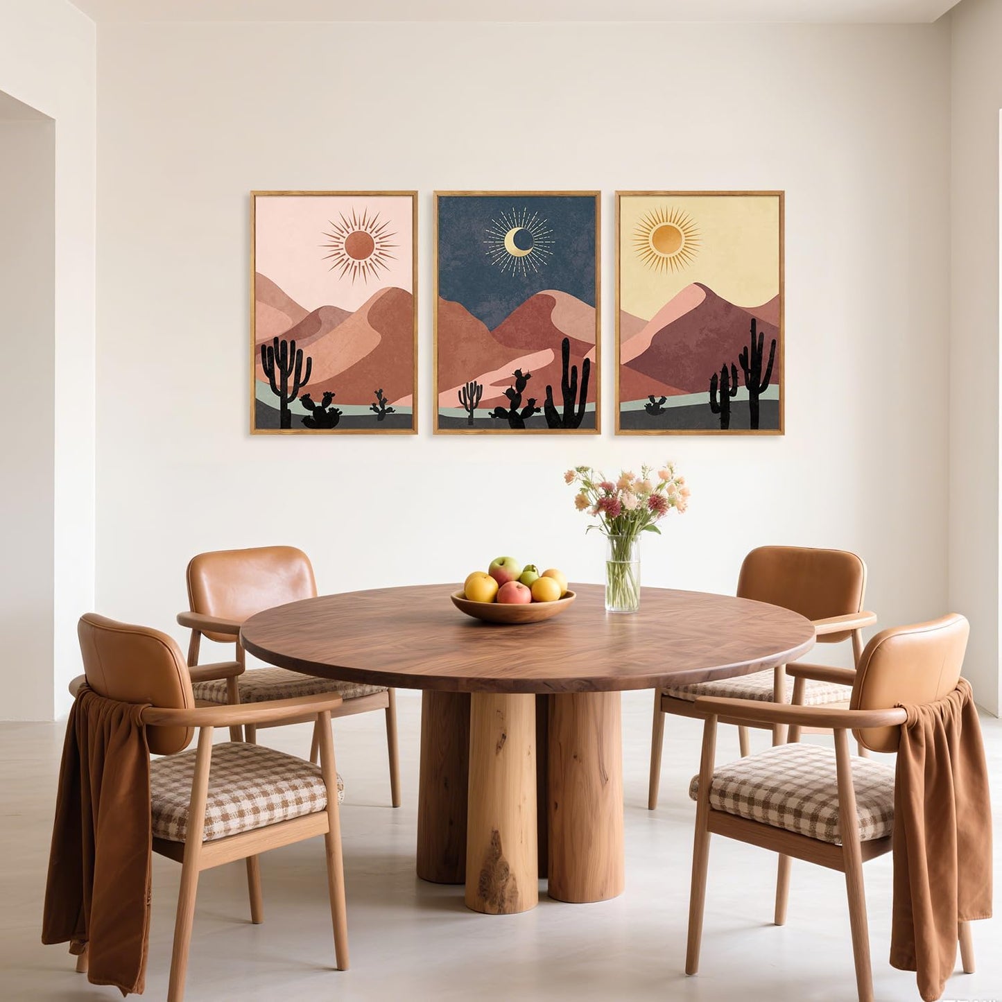 HPNIUB Boho Desert Framed Canvas Wall Art Set, Abstract Sun Moon Art Prints, Modern Cactus Paintings Artwork, Mid Century Southwestern Landscape Wall Decor for Living Room, Bedroom, Office-16 x24 x3