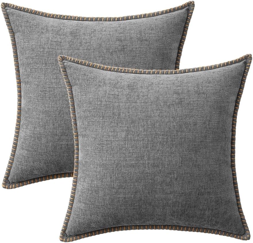 MIULEE Pack of 2 Couch Throw Pillow Covers 20x20 Inch Dark Gray Farmhouse Decorative Pillow Covers with Stitched Edge Soft Chenille Solid Dyed Spring Pillow Covers for Sofa Bed Living Room