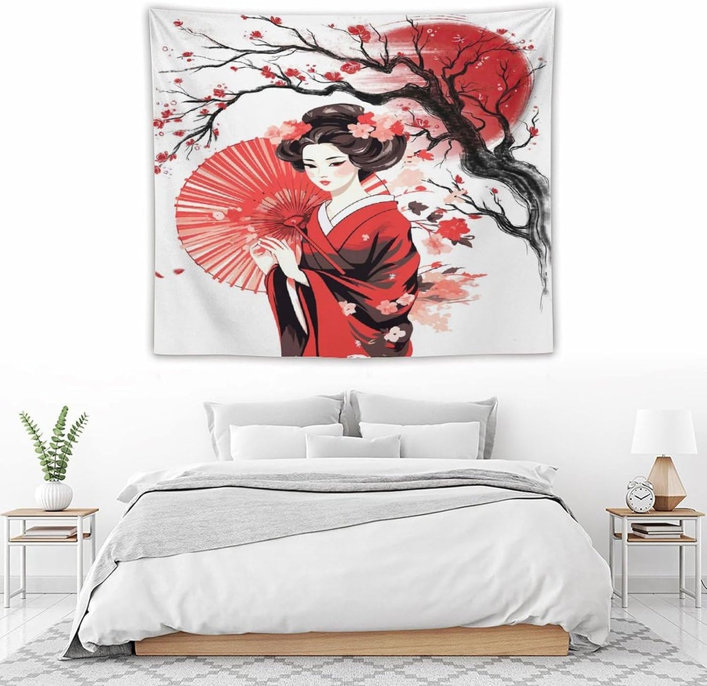 Japanese Red Geisha Tapestry Asian Cherry Blossom Traditional Kimono Folk Tapestries Home Decor for Living Room Bedroom Apartment Farmhouse Dorm 60"x50"