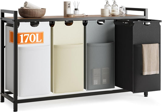 Lulive Laundry Hamper with Shelf, Laundry Basket 4 Section, Laundry Sorter Organizer with Pull-Out Removable Large 4 Color Bags & Large Top Shelf for Laundry Room, Bathroom and Dorm, 4 x 18 Gal (272L)