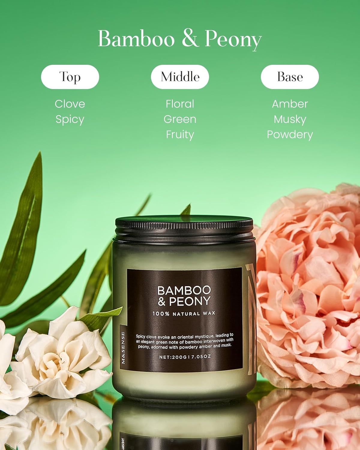 M&SENSE Bamboo Peony Spring Jar Candles for Home Scented Natural Organic Soy Candle Gifts for Women, 7.05oz 50 Hour Hours Burn Fresh Smelling Aromatherapy Gifts for Stress Relief