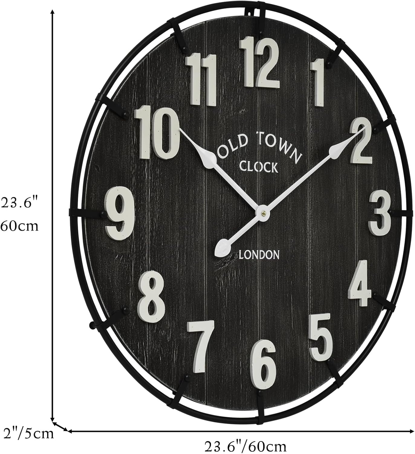 Large Old Town Farmhouse Wall Clock – 24 Inches Rustic Antique Wood with Metal Circle and Large Numerals, Silent Battery Operated Clock for Office, Kitchen, Bedroom, Living Room (Black)