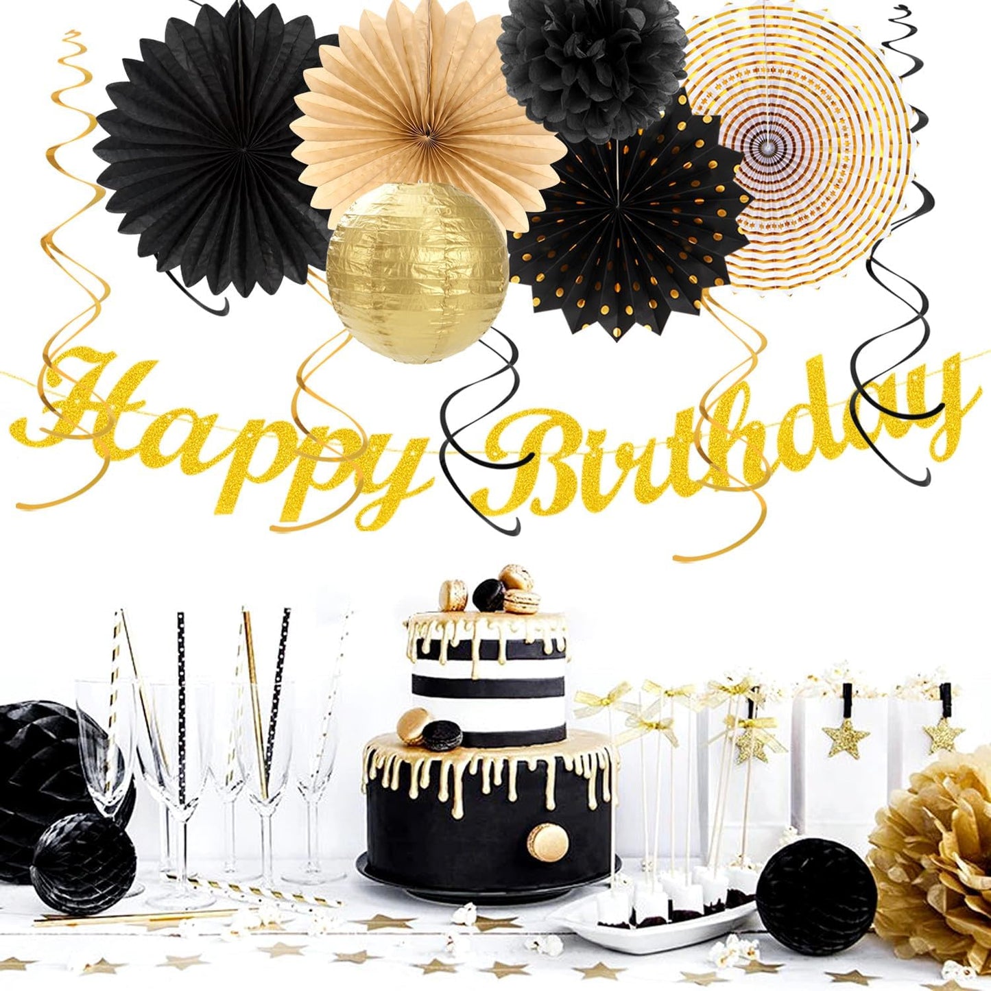 Black Gold Women-Men Birthday Party-decorations - 21pcs Happy Banner,Paper Streamers Lanterns Honeycomb,Tissue Pom Poms Fan,Classroom Birthday Supplies Decor Huglony