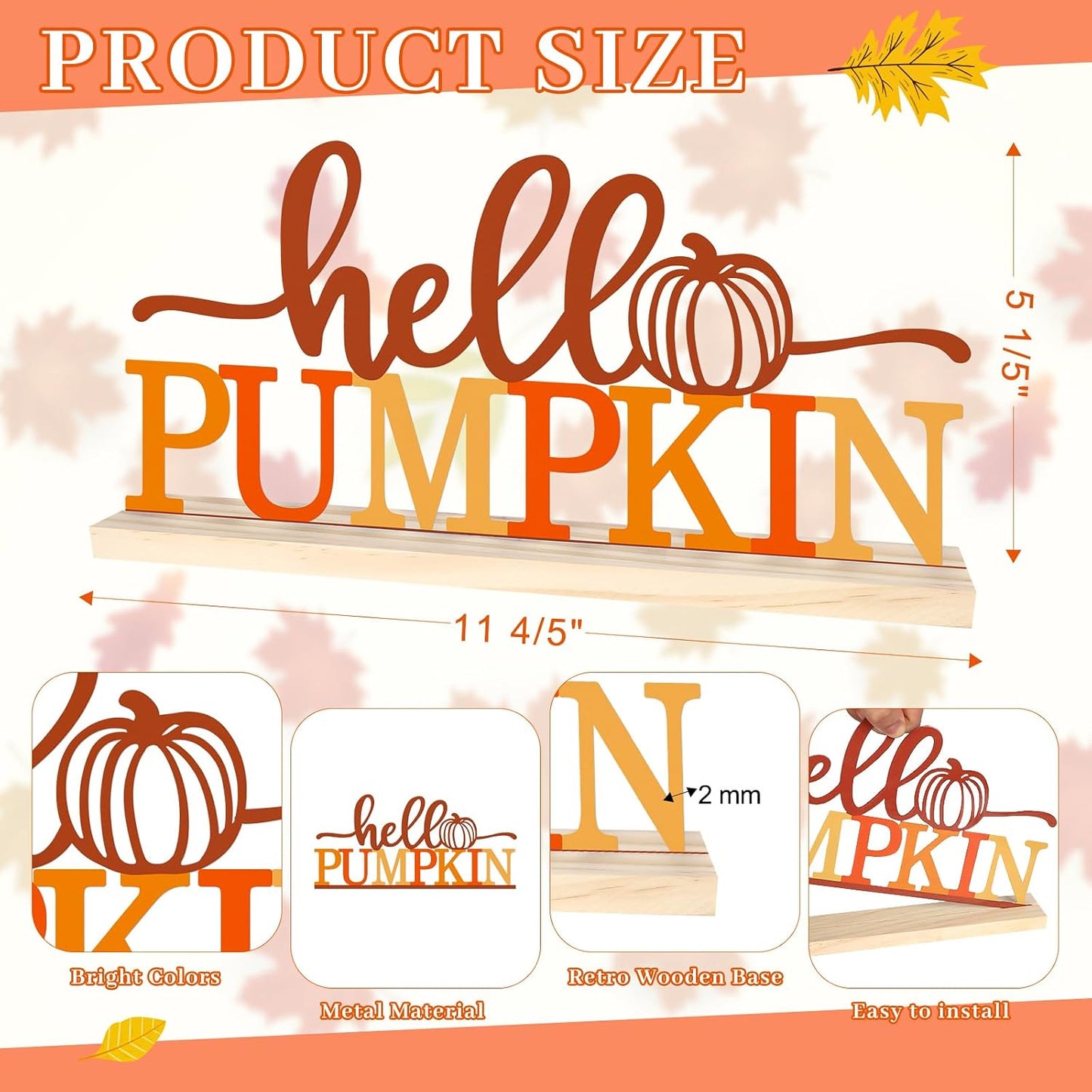 COCHIE Metal Hello Pumpkin Sign, Orange Fall Decorations for Home, Office, Shelf, Mantel, Indoor, Autumn Pumpkin Decoration, Hello Fall Decor (Autumn A)