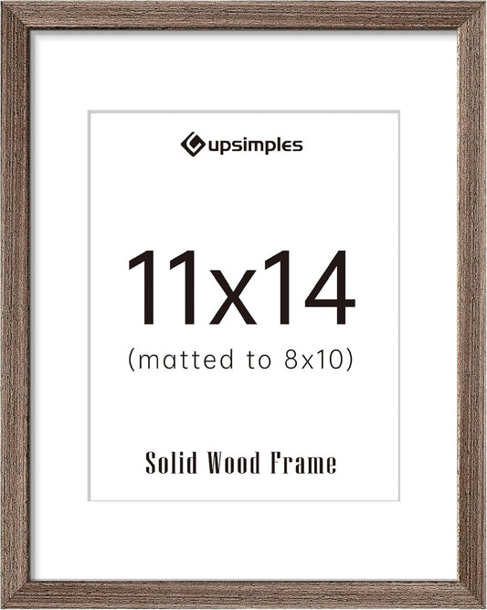 upsimples 11x14 Picture Frame, Natural Solid Wooden Picture Frames, Display 8x10 with Mat or 11 x 14 Without, Vertical or Horizontal Wall Hanging, 1 Pack, Brown