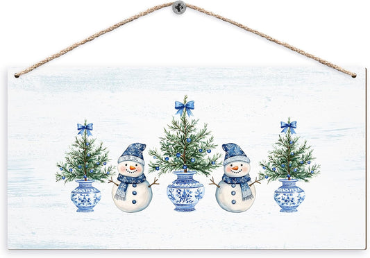 DUXMNAMG Chinoiserie Snowman Winter Hanging Wooden Signs 12x6, Blue and White Porcelain Snowman Sign, Winter ChristmasTree Blue Bow Snowman Chinoiserie Signs for Home Room Office Hanging Wall Decor