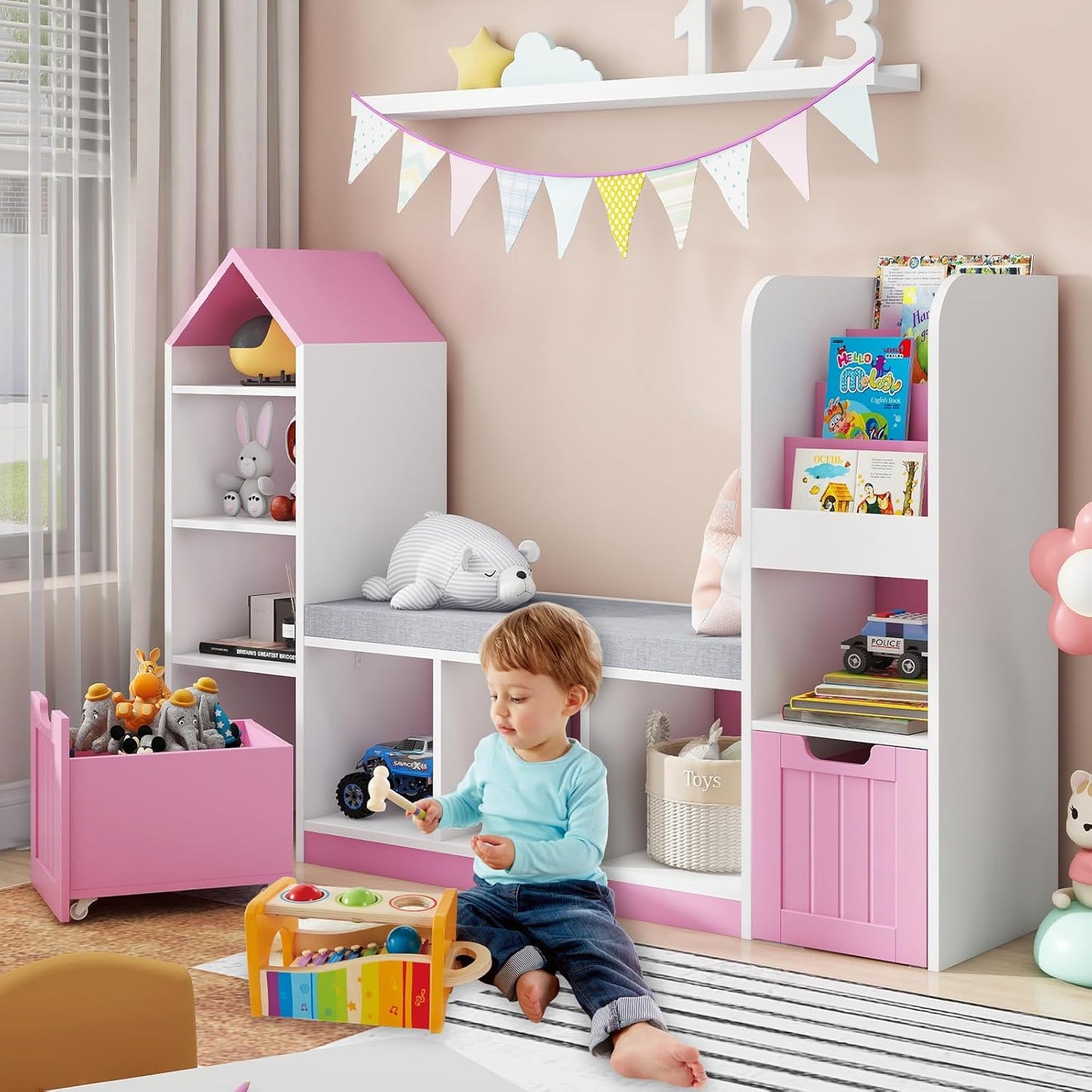 Toy Storage Organizer for Kids Bookshelf with Reading Nook, Multifunctional Kids Bookcase with 7 Storage Cubbies, 2 Movable Drawers and Seat Cushion for Keeping Kids' Toys Books Organized, Pink