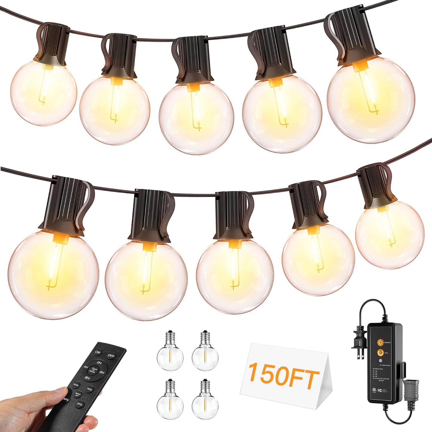 Outdoor String Lights 150FT with Remote Dimmer, G40 Globe LED Patio Lights with 75 Edison Plastic Bulbs(4 Spare), Waterproof Connectable Hanging Lights for Backyard Porch Balcony Yard Deck Party Decor