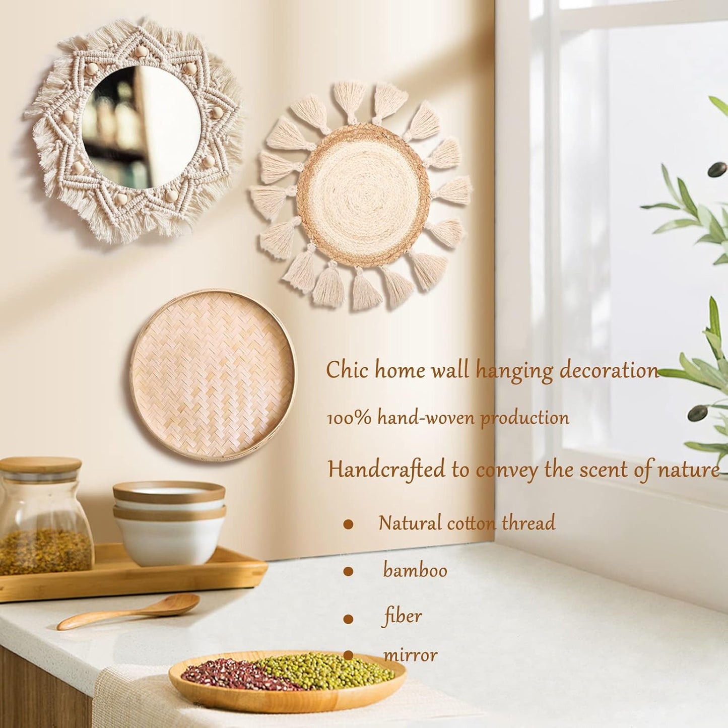 Boho Wall Basket Decor Set - Flat Woven Macrame Tapestry, Mirror White Round Tassels, Handmade Rattan Wicker Seagrass Wall Basket