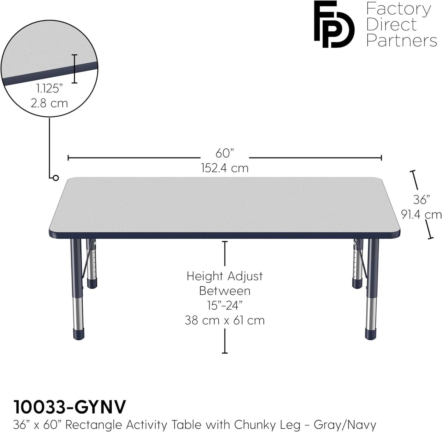 FDP Rectangle Activity School and Classroom Kids Table (36 x 60 inch), Toddler Leg, Adjustable Height 15-24 inches - Gray Top and Navy Edge