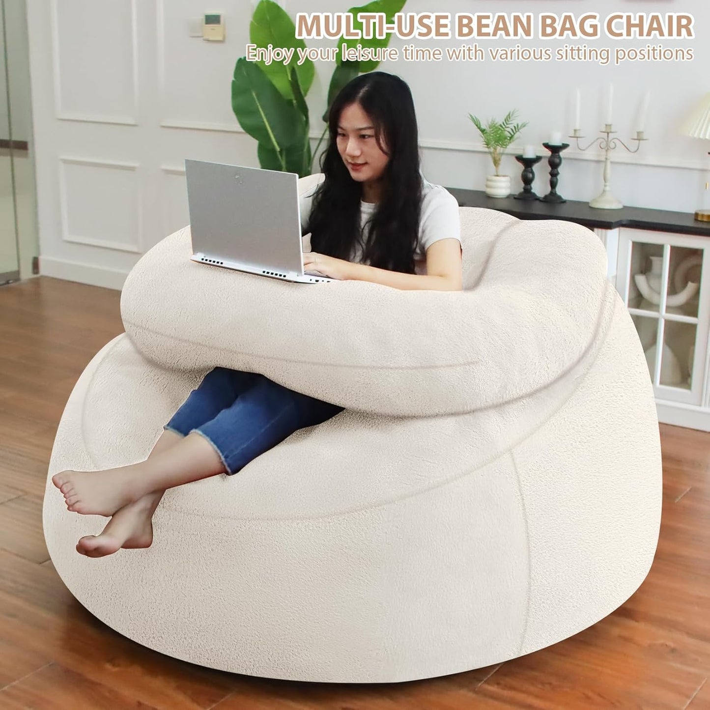 HABUTWAY Bean Bag Chair with U-Shaped Pillow for Adult and Kids Big BeanBag Chair with Filling Ultra Soft Faux Fur Couch Chair with Washable Cover for Living Room Bedroom Office, Beige & Beige